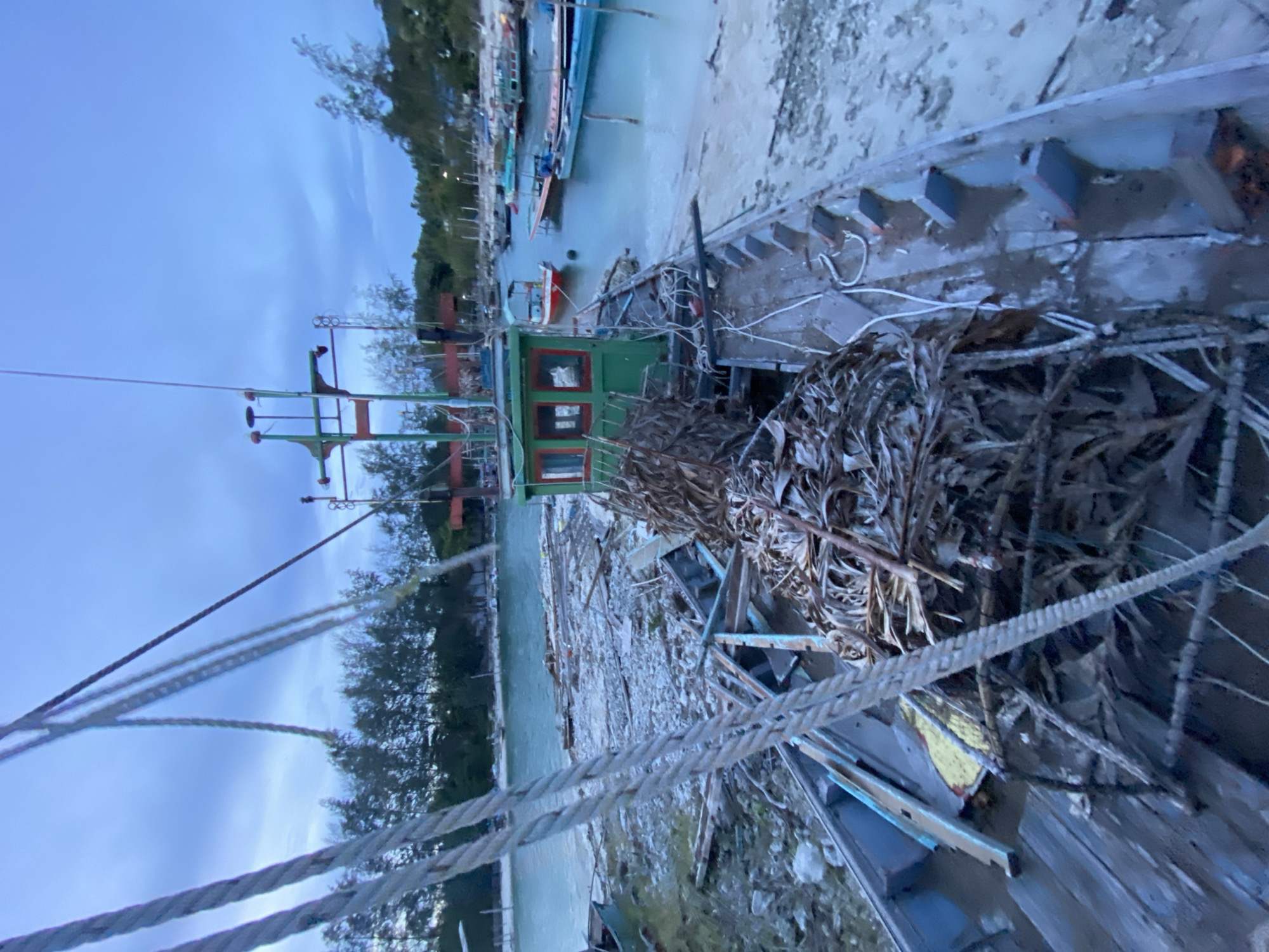 An eye-level, medium shot captures a dilapidated fishing boat grounded on a rocky shore under a cloudy, dusky sky. The boat, primarily constructed of wood with blue and green accents, is heavily weathered and appears abandoned. Dried palm fronds are piled in the center of the boat, and debris litters the deck. Ropes extend from the foreground into the upper left corner of the frame. In the background, other boats are visible in the turquoise water, and a line of trees borders the shoreline. The scene conveys a sense of disrepair and neglect.