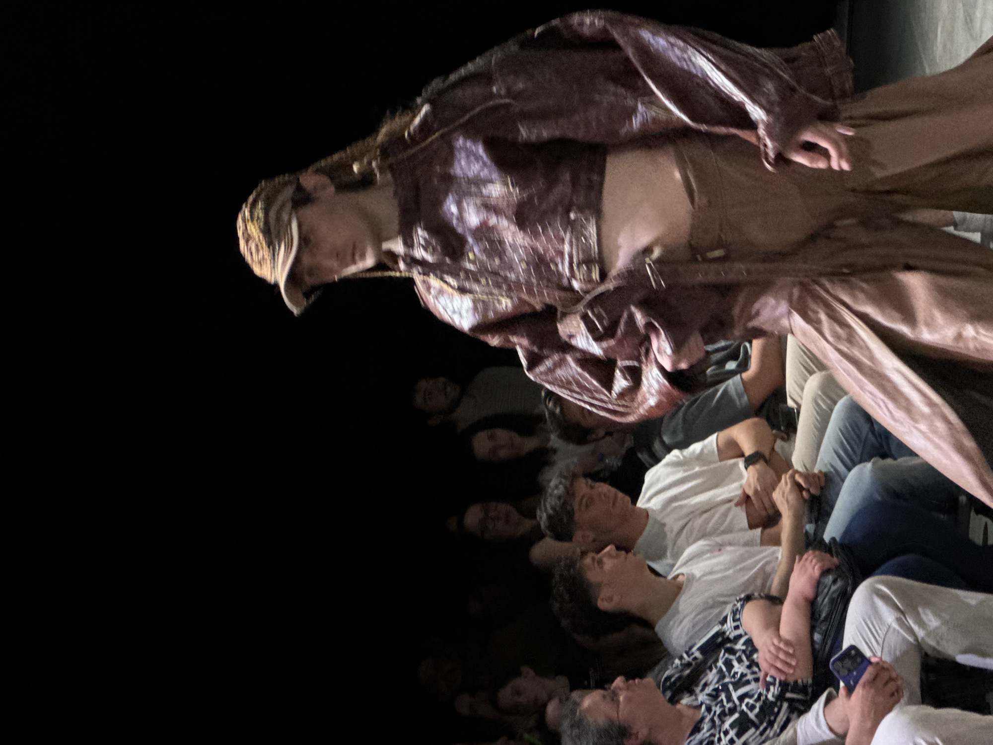 The image captures a model walking down a runway during what appears to be a fashion show. The model, a young adult with long, dark hair extending from under a camouflage-patterned baseball cap, wears a two-piece ensemble featuring a dark maroon or brown textured material, possibly faux leather. The top is a cropped jacket with wide, voluminous sleeves and a belted waist, exposing the midriff. The bottom consists of matching wide-legged trousers or a skirt-like garment with visible folds. The model's gaze is directed forward, with a neutral expression.
To the left of the frame, an audience is seated in rows, partially illuminated. In the immediate foreground, an individual in a patterned shirt and glasses is visible, next to another person in a white t-shirt and light-colored trousers, holding a dark handbag. A third individual in a white t-shirt and blue jeans sits adjacent. A purple-cased smartphone is visible in the hand of an audience member. Further back, additional audience members are discernible in the dim lighting. The background is largely dark, emphasizing the illuminated runway and model. The floor surface of the runway appears to be a dark grey. The specific location within the city of Sofia, Bulgaria, cannot be determined from the visual content of the image.