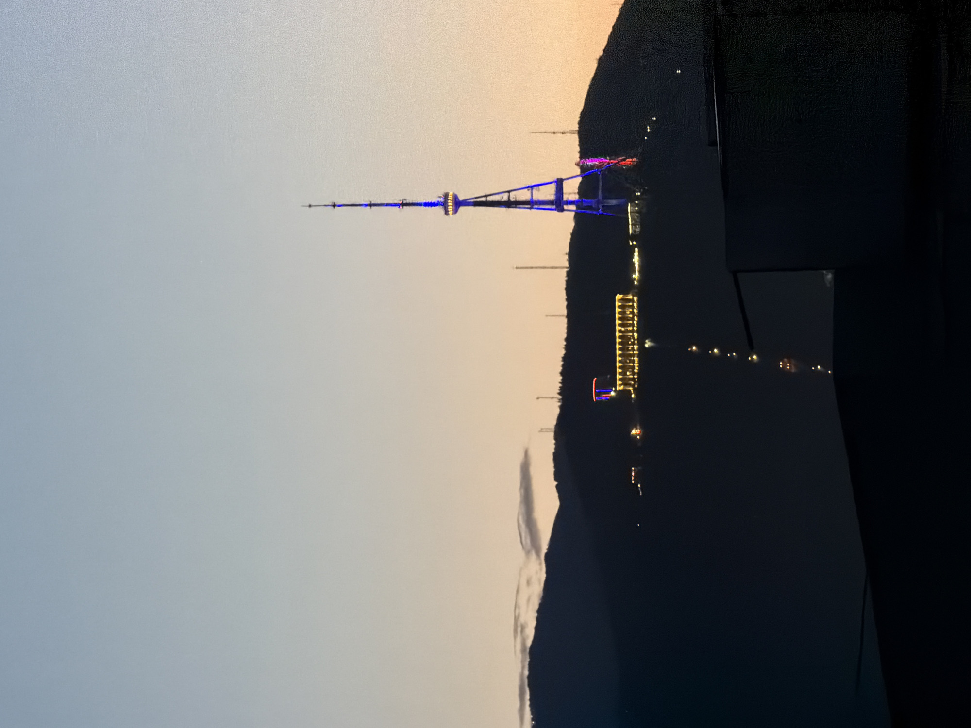 The image shows the Tbilisi TV Broadcasting Tower on a hilltop, illuminated with blue and purple lights against a dusk sky. A string of lights is visible along the hillside. The tower is the primary subject, standing out against the silhouette of the hill and the sky transitioning from light blue to peach. The lower right of the frame has a darker area, likely an object or structure closer to the camera, obscuring part of the view.