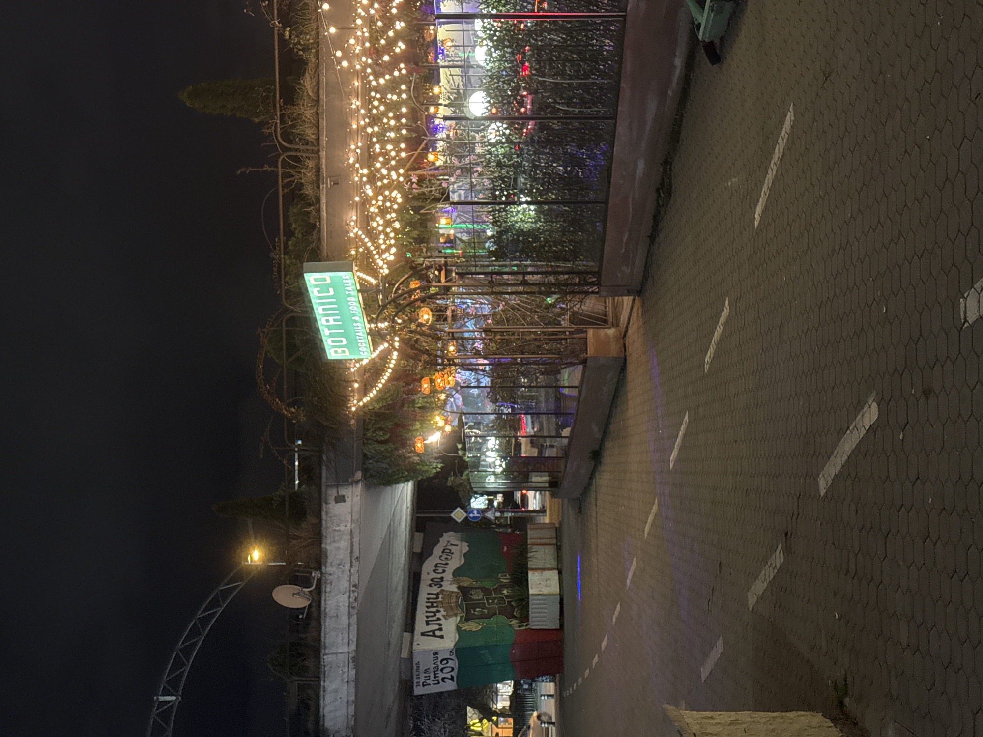 The image depicts a street scene at night in Sofia, Bulgaria. The "BOTANICO" sign illuminated in green, indicates a cocktail and food establishment. Overhead string lights adorn the entrance, adding a warm glow. To the left of the entrance, a colorful mural with Bulgarian text, “АЛИЧНИ ЗА СПОРТ” (Personal for Sports), is painted on a wall. A satellite dish is mounted on a pole nearby. The pavement is patterned and marked with white lines. The sky is dark.