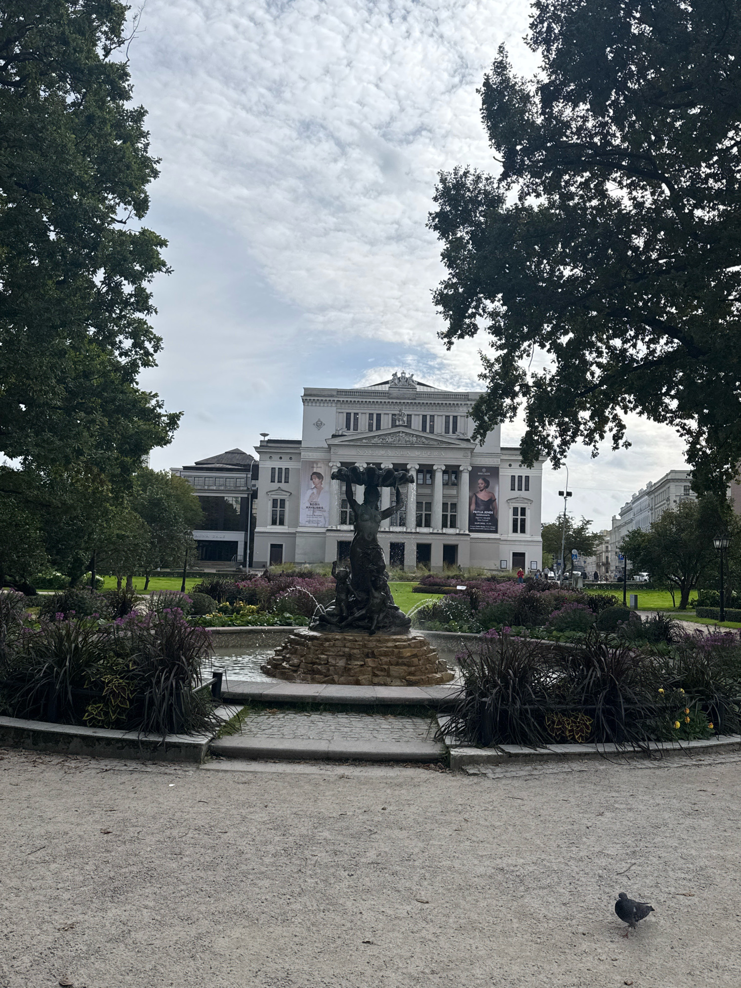 The image depicts a public park in Riga, Latvia, featuring a central fountain with a sculptural element in front of the National Opera building. The fountain has a tiered stone base and a bronze sculpture of figures supporting a basin from which water flows. Surrounding the fountain is a garden with dark, leafy plants and some smaller purple flowers.
The National Opera building, a grand neoclassical structure, stands prominently in the background, framed by large trees on either side of the image. Large banners displaying images of performers are attached to the facade of the opera house. In the distance, other city buildings and streetlights are visible.
The foreground of the image shows a gravel path. A single pigeon is present on the path in the lower right quadrant. The sky is partly cloudy with white, textured clouds. The overall scene suggests a pleasant day in a well-maintained urban green space.