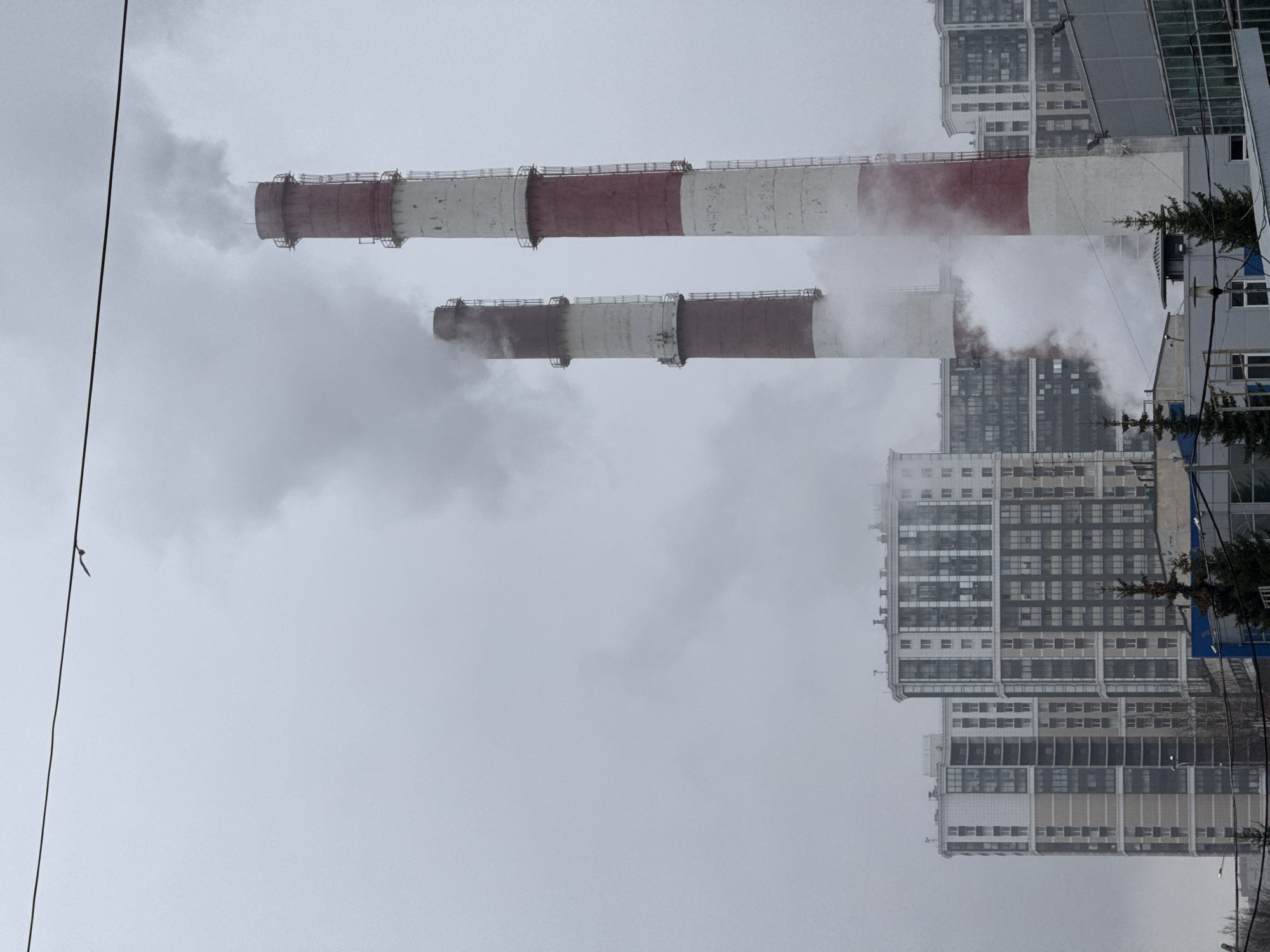The image shows two industrial smokestacks in front of apartment buildings against a hazy, overcast sky. The smokestacks are painted with alternating red and white bands and emit visible plumes of smoke. The buildings in the background are multi-story, with a modern architectural style, and they are partially obscured by fog or smog. A few bare trees and power lines are visible along the edges of the frame. The photograph was taken in the city of Saint Petersburg, Russia.
