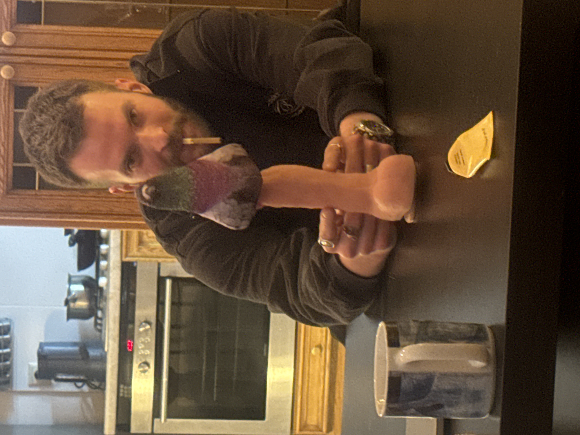 A man with a beard is sitting at a dark table inside a kitchen. He is wearing a dark hoodie and a watch on his left wrist. He is holding a phallic object with a pigeon's head attached. There is a cigarette in his mouth. Beside his hands on the table, there is a small yellow item and a coffee mug. The kitchen has light-colored wooden cabinets and a stainless-steel oven and stovetop. The location is likely not Moscow, Russia, as there is no evidence to support that claim.