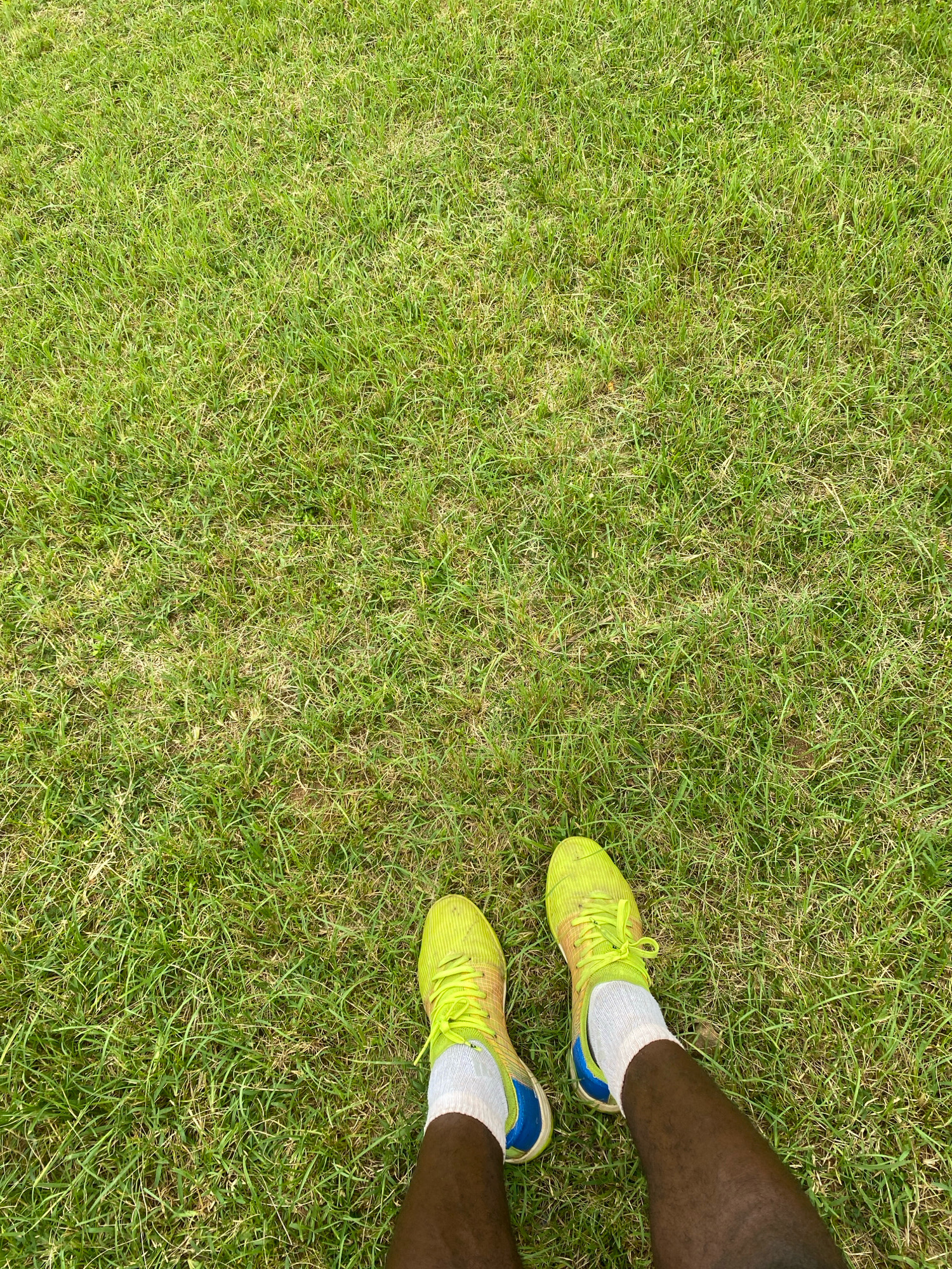 The image shows a pair of bright yellow athletic shoes with white socks on a person's feet, standing on a lush green lawn. The shoes have blue accents and appear to be a sports or running shoe. The lawn is well-maintained, with short, even blades of grass. The lighting suggests it is daytime, with sunlight casting subtle shadows. There is no indication of the location being within the city of Jos, Nigeria. The image is a simple, straightforward shot focused on the footwear and the immediate ground.