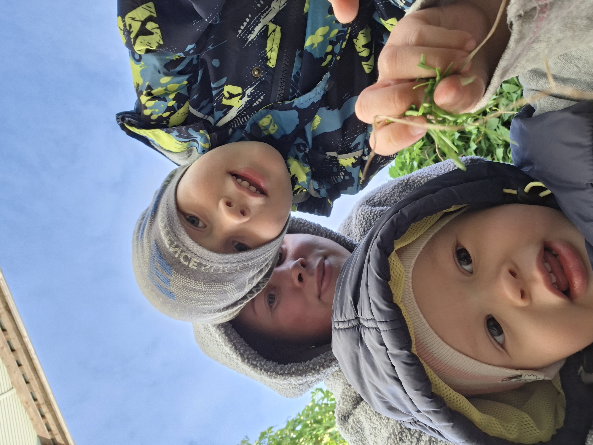 A low-angle shot reveals three people and a hand holding grass, captured from below against a blue sky. At the top, a young child with a blue and green patterned jacket and a gray hat is visible. Below and slightly to the left is a person wearing a gray hooded sweater. To the right, a baby wearing a blue puffer coat with a hood is visible. A hand holding grass appears between the first two people. The background is mostly sky with hints of foliage and a building. The location is unidentified, and the city is listed as Unknown, Unknown.
