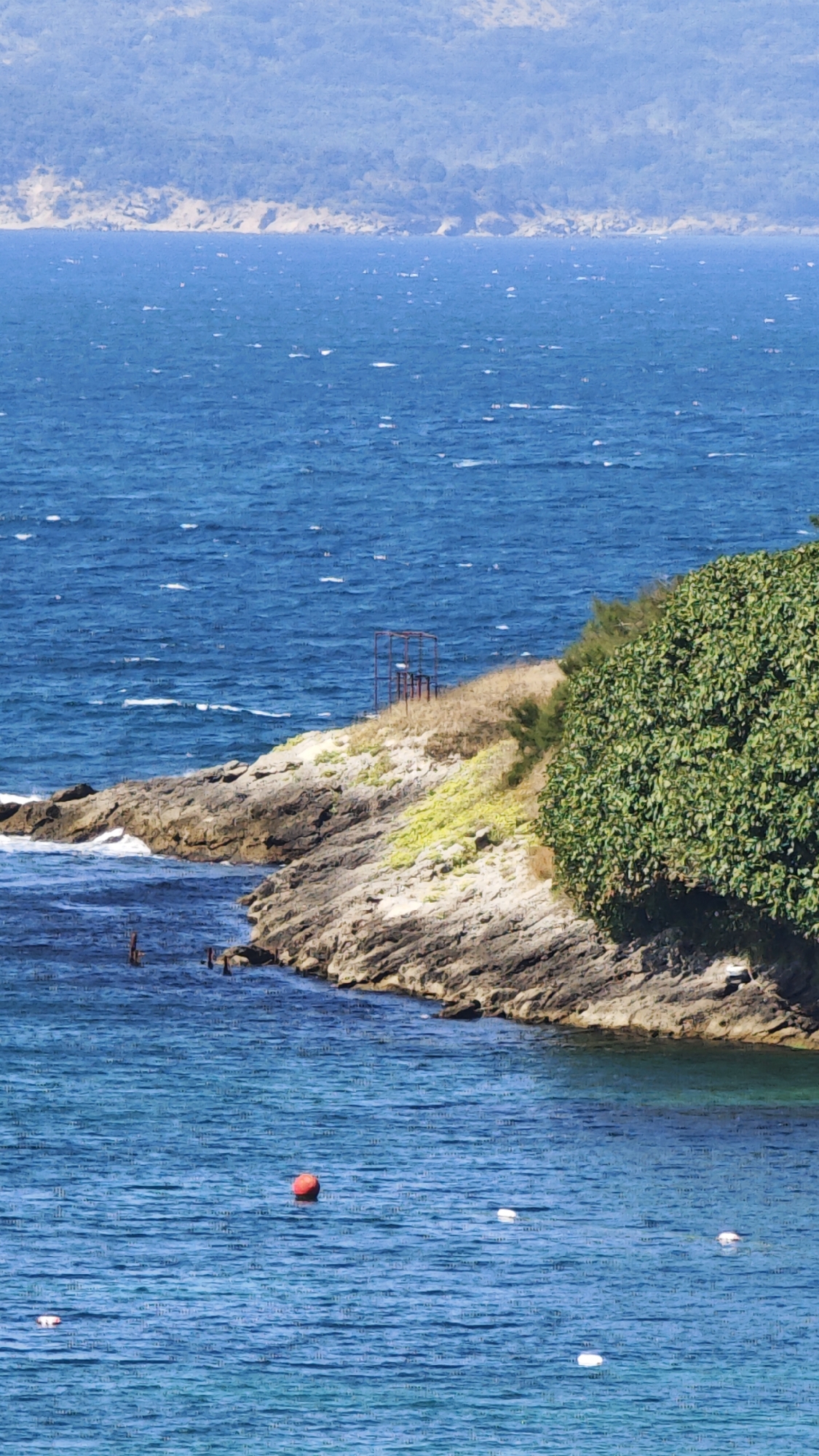 The image depicts a coastal scene in Kiten, Bulgaria, featuring the Black Sea and a rocky shoreline. In the foreground, the clear blue water is dotted with several buoys, including a prominent red one. A rocky outcrop juts into the sea, partially covered with sparse green vegetation and some sandy patches. On the elevated part of the outcrop, a simple red metal structure, possibly a gazebo or a frame, is visible. A dense, lush green tree grows on the right side of the outcrop, its foliage extending towards the water. In the background, a distant, hazy shoreline with rolling hills covered in trees stretches across the horizon under a bright, clear sky. There are no people visible in the image.