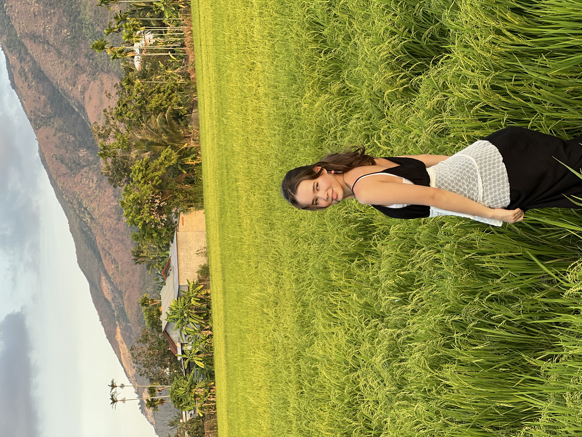 A medium shot captures a young woman lying in a vibrant green rice paddy field with mountains in the background. The woman, with light skin and dark hair, is smiling and wearing a black and white dress. The rice paddy stretches across the majority of the frame, showcasing its lush green color and dense growth. In the background, a mountain range dominates the horizon, suggesting a location in a valley or rural area. The presence of palm trees and buildings at the base of the mountains indicates a village or small town. The overall scene suggests a rural setting in Diên Khánh, Vietnam.
