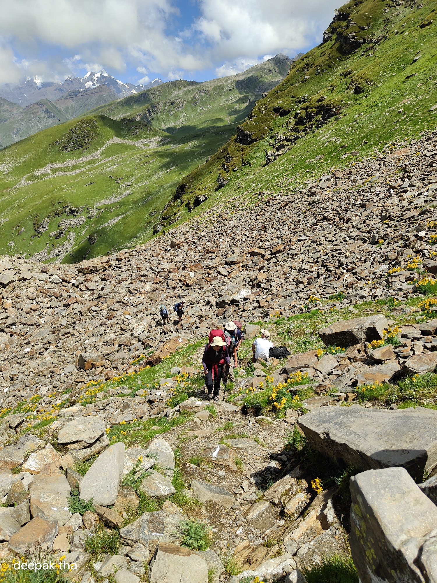 In the image, several hikers are ascending a rocky, mountainous terrain in the city of Bashisht, India. The landscape is characterized by steep, green hillsides dotted with large rocks and patches of yellow wildflowers. In the background, snow-capped mountains are visible under a partly cloudy sky. The hikers, equipped with backpacks and hats, are distributed across the slope, with some walking and one sitting down. The path appears uneven and challenging, consisting primarily of loose stones and boulders. The sunlight casts shadows on the terrain, indicating a bright, sunny day. The overall scene depicts an outdoor adventure activity in a scenic, alpine environment.