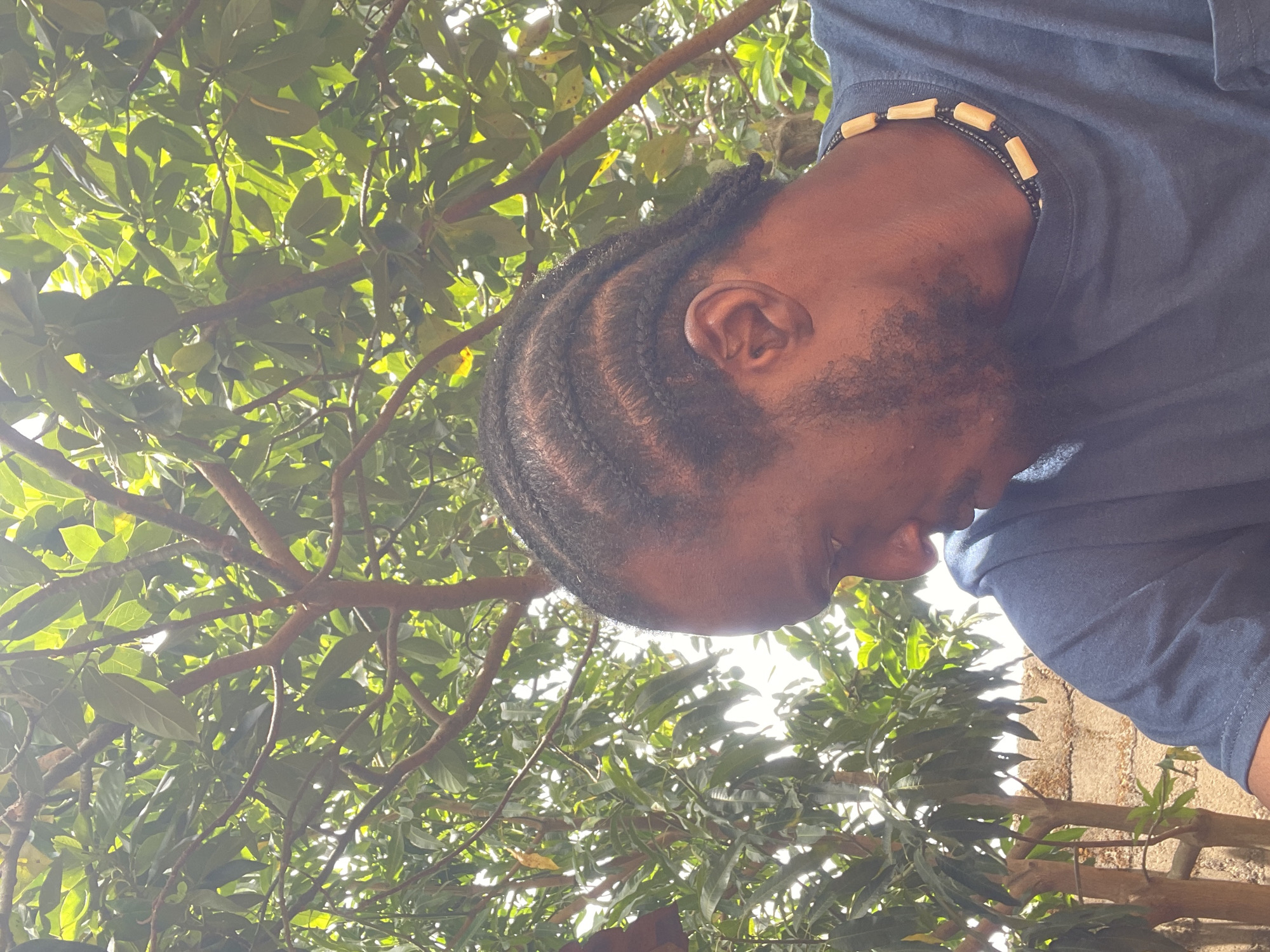 The photograph shows a man of African descent in an outdoor setting, likely in Jos, Nigeria. He is wearing a dark-colored t-shirt and a beaded necklace. His hair is styled in cornrows. The perspective is from below, looking up at him. The background is filled with green foliage and branches of trees, suggesting a wooded or garden area. A weathered wall is visible in the background. The overall lighting suggests it is daytime.