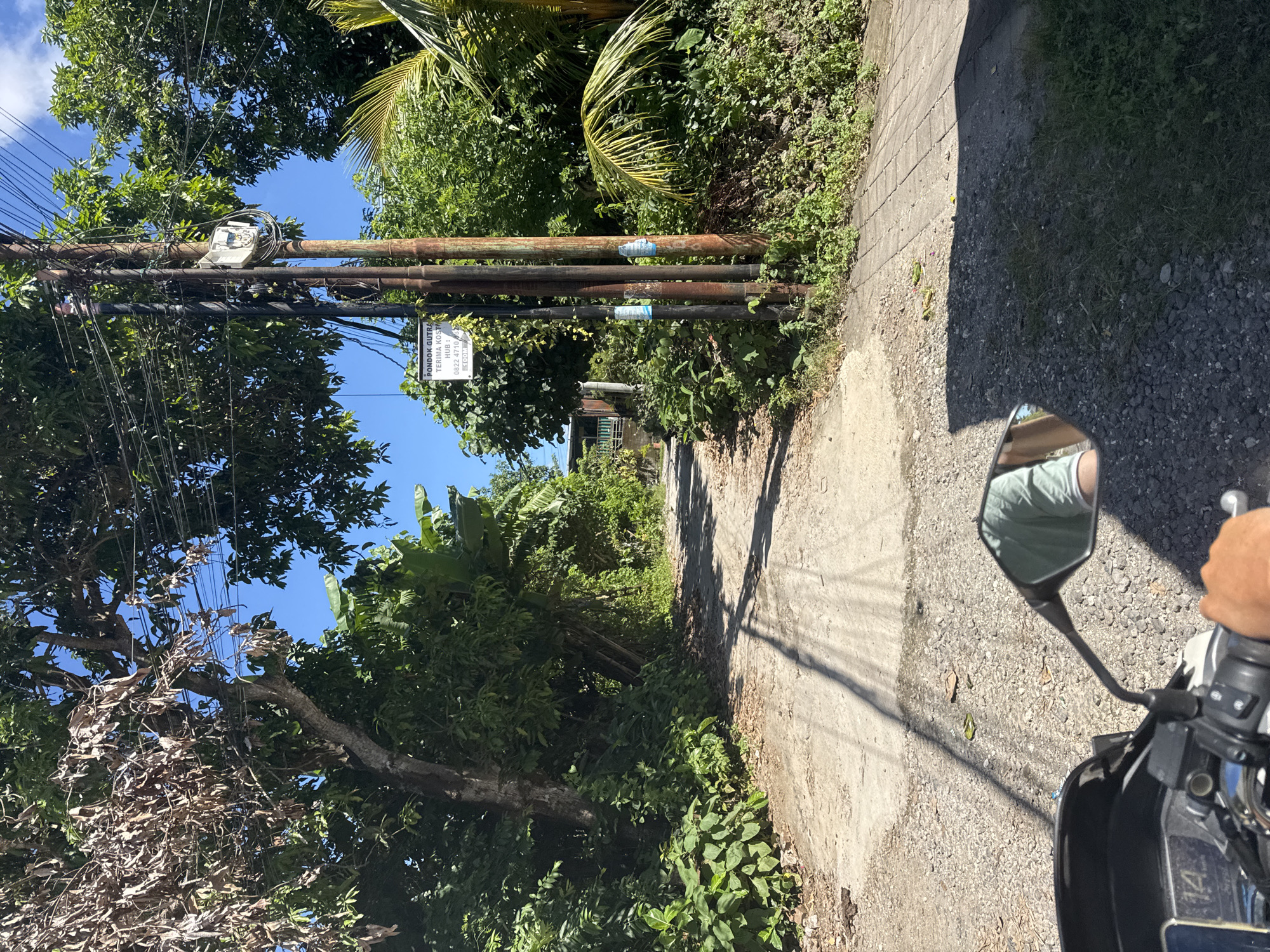 The image depicts a narrow, concrete road or path lined with dense vegetation on both sides. Tall trees and leafy plants create a green canopy overhead. In the foreground, the side mirror and part of a motorcycle’s handlebars are visible, suggesting the photo was taken from the perspective of someone riding the vehicle. Utility poles with wires are present on the left side of the road. A sign is attached to one of the poles. The road appears to lead into a residential area, although the details are obscured by the foliage. The location is in Unknown, Unknown.
