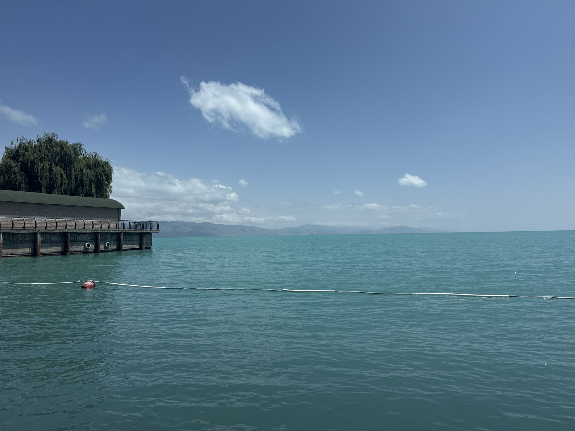 A wide, horizontal shot captures a serene, turquoise body of water under a bright blue sky with scattered white clouds. To the left, a wooden pier extends into the water, featuring a building with a dark green roof and a large, weeping willow tree with dark green foliage situated behind it. The pier's structure includes a stone facade with several circular indentations. In the water, a red buoy is visible, attached to a white rope that stretches horizontally across the frame, delineating a boundary. In the distance, a hazy, mountainous landscape stretches across the horizon. The scene appears to be a tranquil waterfront area in Tsamakaberd, Armenia, likely a recreational or docking area. There are no people or animals visible in the frame.