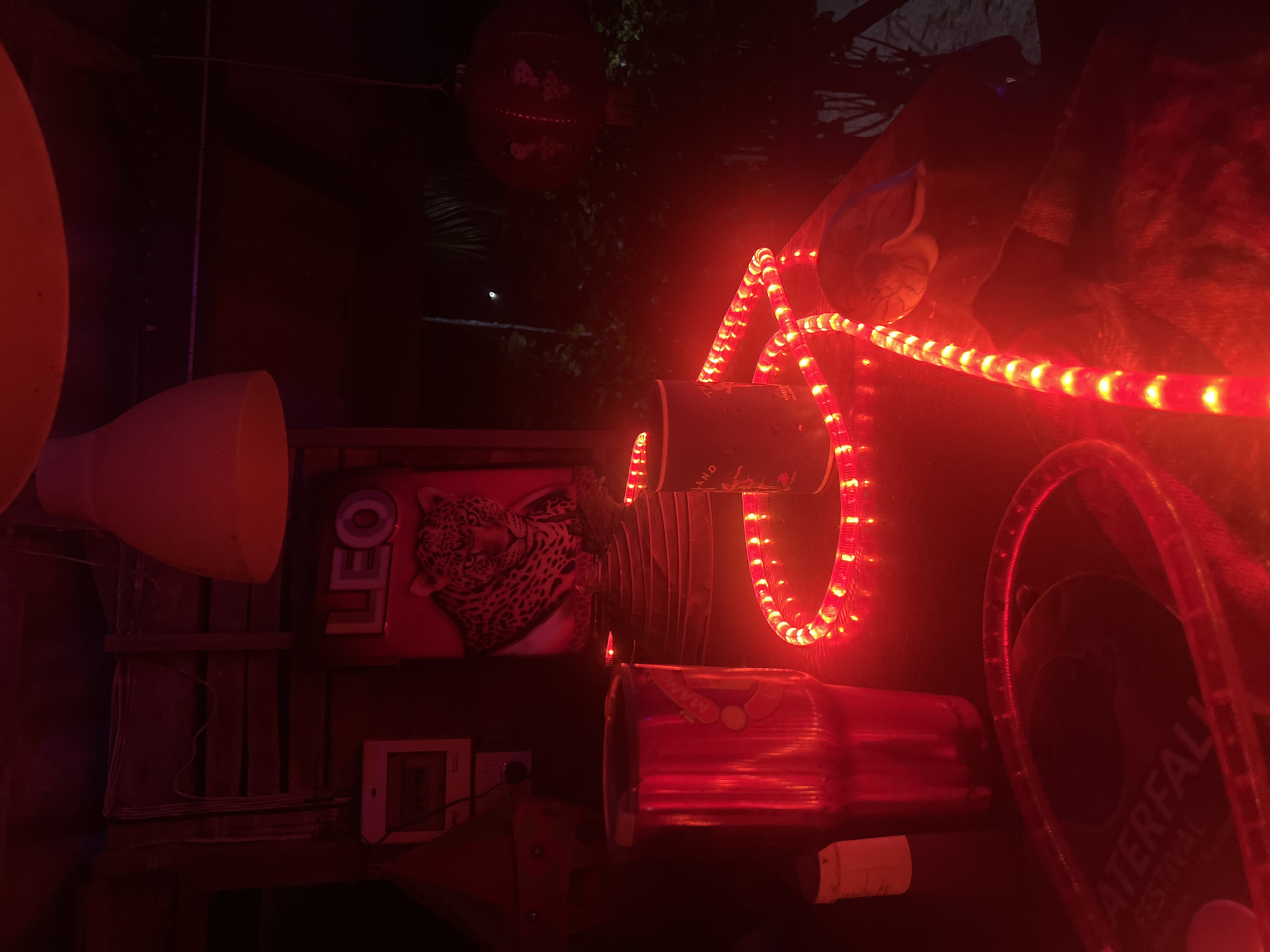 This is a close-up, nighttime shot of a dimly lit, possibly outdoor, setting that features a variety of objects illuminated by red lights. In the foreground, a large, red, ribbed object resembling a cup or container is prominent, with text partially visible that appears to read "WATERFALL FESTIVAL". To the left of this, a red neon light rope is coiled in a loop, casting a warm glow.
Behind these objects, a red sign with a leopard image and the word "LEO" in large block letters is visible. To the left of the sign, a large, cream-colored funnel-shaped object hangs. The background is dark and out of focus, with hints of foliage and possibly a round, red lantern hanging higher up. The overall impression is one of a vibrant, possibly festive, atmosphere, given the colorful lighting and the presence of signage. The time of day is clearly nighttime due to the darkness and artificial lighting. No people are visible in the frame.