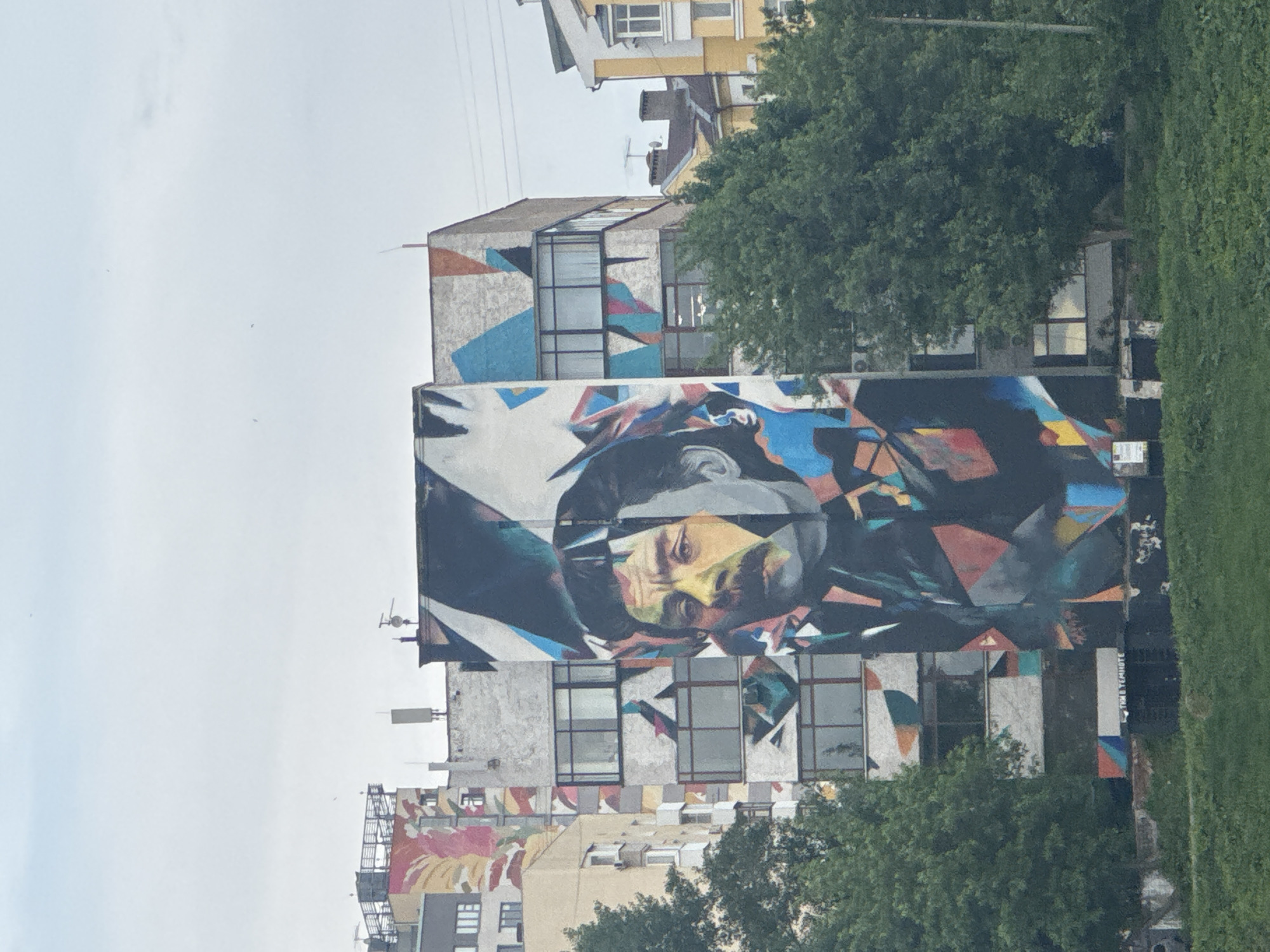 The image shows a large mural on the side of a building in Nizhny Novgorod, Russia. The mural depicts a portrait of a man with a yellow face. The building has windows with geometric designs and is surrounded by trees. Other buildings are visible in the background. The sky is overcast.
