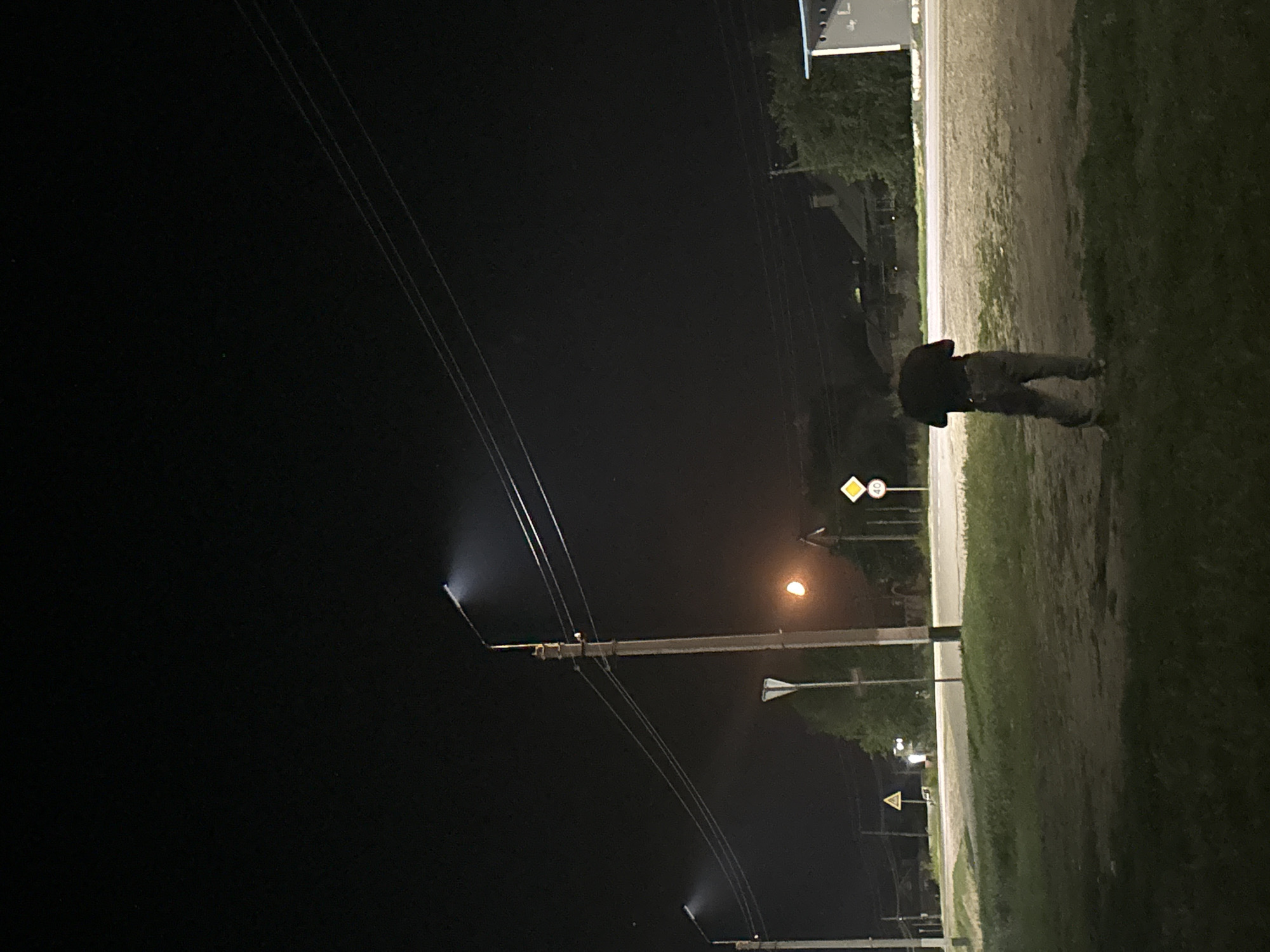 A single individual, viewed from behind, stands on a dirt or gravel area in front of a paved road at night. The person is wearing a dark t-shirt and light-colored pants, possibly jeans. To the left of the individual is a street lamp with its light illuminating the surroundings. Further in the background, across the road, are several houses with visible roofs and trees. Two road signs are visible: one triangular yellow sign and another diamond-shaped sign with the number "40" inside. The scene appears to be in a semi-rural or suburban area, potentially within the city of Yegorlykskaya, Russia, given the presence of street lighting and residential structures. The sky is dark, indicating nighttime.