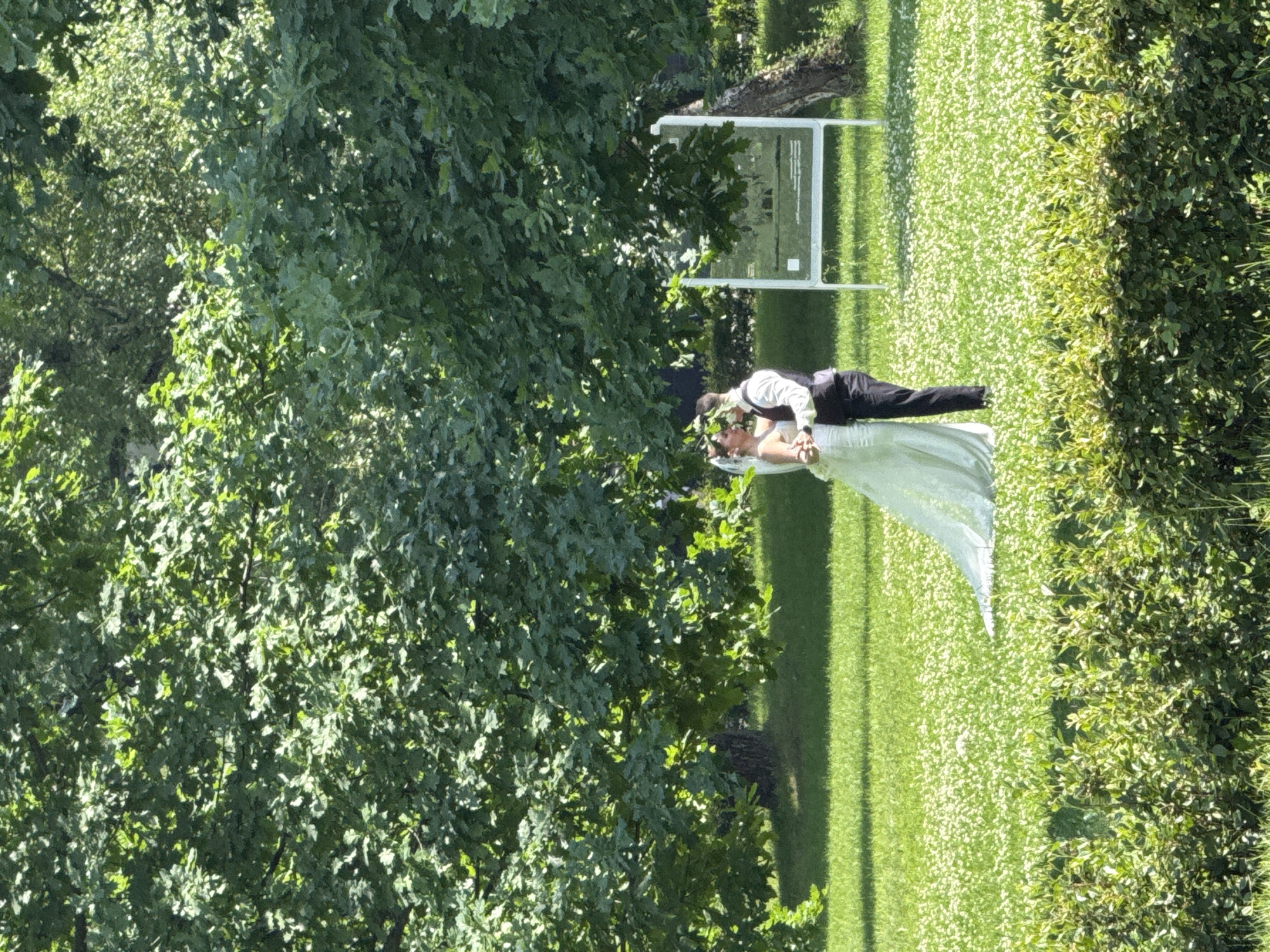 A wedding couple is seen in a park-like setting. The bride, in a white wedding dress and veil, is embracing the groom, who is wearing a vest over a white shirt and dark pants. They are standing on a grassy area dotted with small white flowers, in front of a large tree with dense green foliage. To the right of the couple, there is a white sign on a stand, with some indistinct text and images on it. In the foreground, there is a dense green hedge. The overall scene suggests an outdoor wedding photoshoot or a moment of celebration. The image does not contain any information indicating the location is in Moscow, Russia.