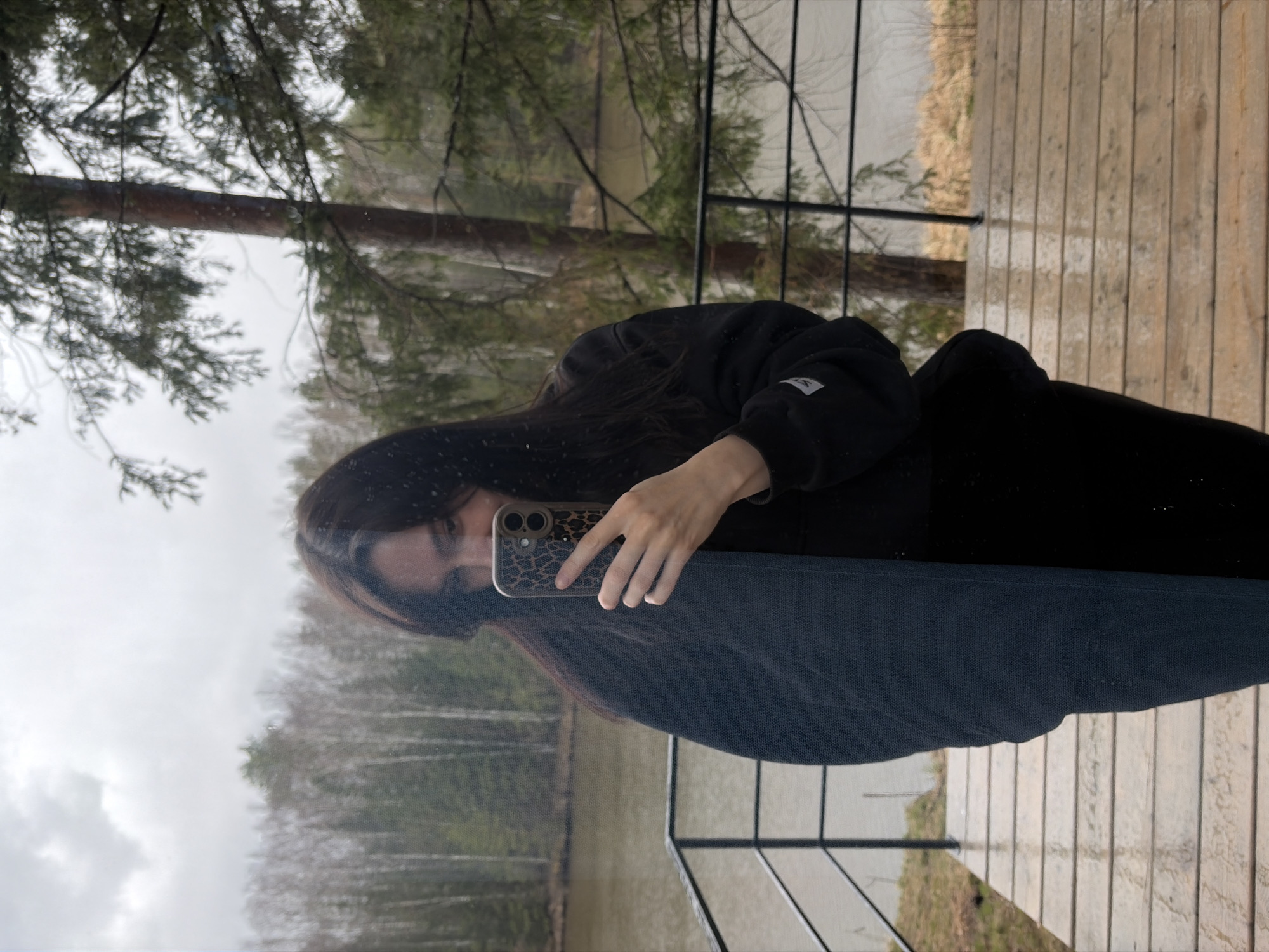 The image is a reflection, likely captured through a window or glass door, showing a person taking a selfie superimposed over an outdoor landscape. The main subject is an individual with long dark hair, wearing a black hooded sweatshirt and dark pants. They are holding a smartphone with a leopard print case in their right hand, positioned to capture their reflection. The person's face is partially visible, with their gaze directed towards the phone screen.
The reflected background reveals a natural environment. A body of water, possibly a lake or a wide river, is visible in the midground, with a light-colored, dry grassy or reedy shoreline. Beyond the water, a dense forest extends towards the horizon under an overcast sky, featuring a mix of coniferous and bare deciduous trees.
In the foreground of the reflected outdoor scene, a wooden deck or balcony with horizontal planks is visible, alongside a black metal railing. This suggests the person is indoors, looking out onto a connected outdoor structure.
The overall atmosphere suggests an overcast day, likely cool or cold given the heavy clothing and the state of the vegetation. The lighting is soft and diffused. A small white patch with an illegible dark logo or text is present on the left sleeve of the hoodie. The location is Mishkino, Russia.