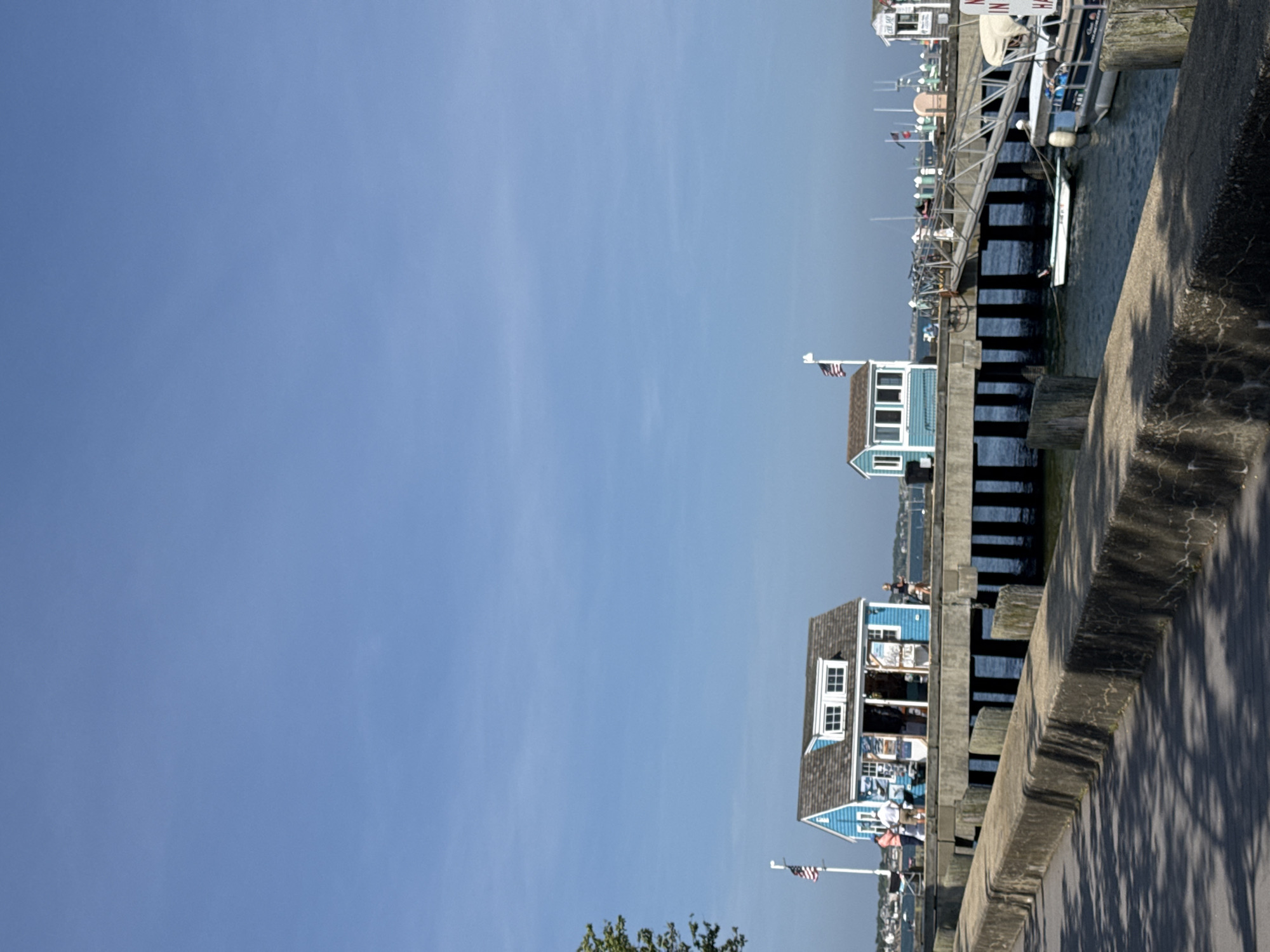 This is a medium shot, eye-level, exterior photograph taken on a sunny day in Provincetown, Massachusetts, United States of America. The foreground features a grey concrete walkway with shadows cast from trees on the left. Behind the walkway, a concrete sea wall runs diagonally from the bottom left to the middle right of the frame.
The middle ground is dominated by a wooden pier, supported by thick, dark wooden pilings. The pier extends into a body of water on the right side of the image. On the pier, there are two small, blue buildings with white trim. The building on the left is a shop with an open front displaying items, an American flag flying from a pole to its left, and several people standing near it. The building on the right appears to be another small structure. There is a ramp leading from the pier to the water, and several boats are docked. One boat, in the lower right, has a sign with red lettering.
The background shows more of the harbor with boats and the distant coastline of Provincetown under a clear, bright blue sky. The water is a deep blue, reflecting the sky.