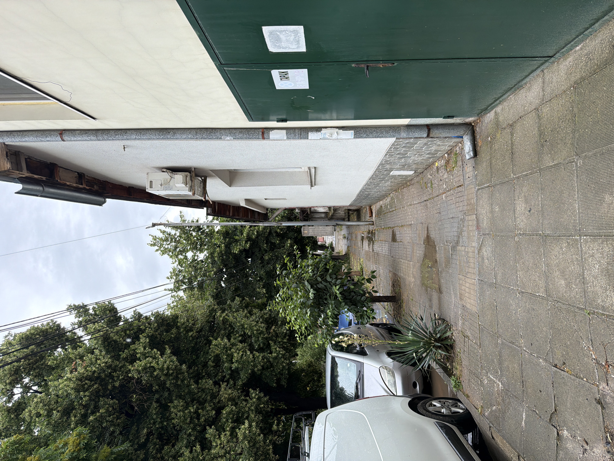 The image depicts a residential street scene in Pazardzhik, Bulgaria, likely in a neighborhood with older buildings and mature trees. In the foreground, a gray tiled sidewalk runs parallel to a street where two vehicles are parked: a white van on the left and a silver hatchback on the right. Adjacent to the sidewalk is a wall with a large green garage door. Above the garage door, a sign with Cyrillic lettering reads "ГАРАЖ," indicating it's a garage. To the left of the garage, a white building with a textured facade is visible, featuring a window and an outdoor air conditioning unit. A downspout runs vertically along the side of this building. The sidewalk itself appears somewhat worn and uneven, with puddles of water suggesting recent rain. A small tree and a spiky plant are growing along the edge of the sidewalk. In the background, dense green trees line the street, and overhead, electrical wires crisscross the sky, which is overcast. The overall impression is of a typical, somewhat lived-in urban environment on a cloudy day.