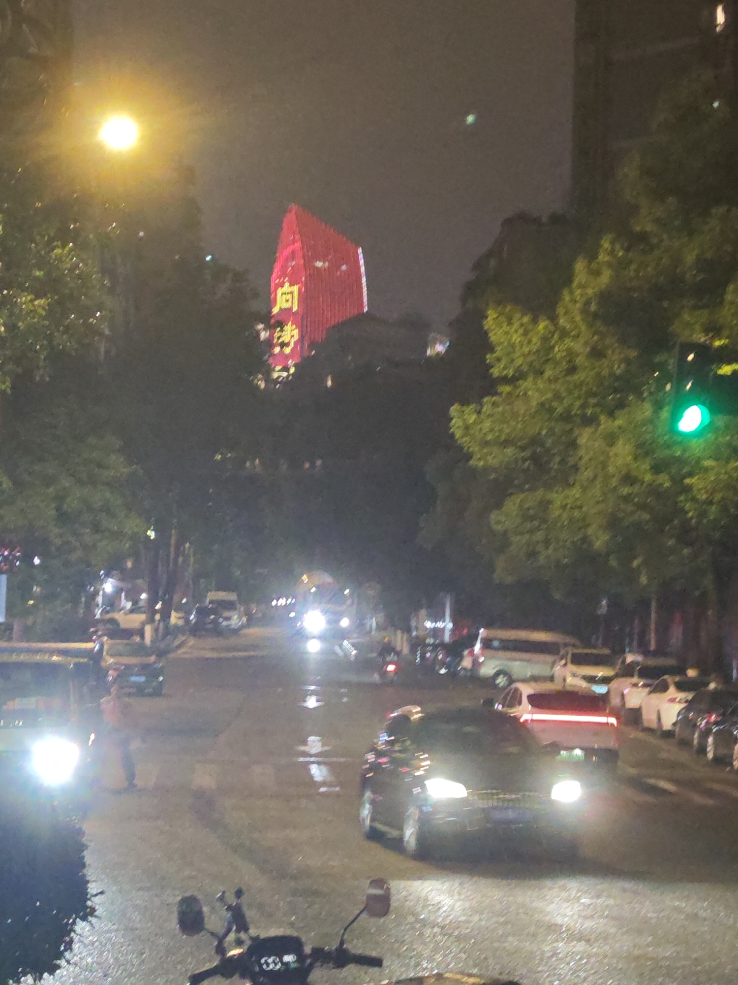 This image captures a vibrant night scene on a wet city street in Liangjiang, China. The perspective appears to be from a motorcycle or scooter, with handlebars visible in the immediate foreground.
The street is active with traffic, as multiple vehicles including cars and vans are seen with their headlights and taillights brightly illuminated. The wet road surface, glistening with reflections, suggests recent rain or damp conditions. To the left, a bright yellow streetlight casts a warm glow through the foliage of trees that line the street. On the right side of the road, a green traffic light is clearly visible.
In the background, a prominent, tall building with a distinctive red facade stands out against the dark night sky. This building is brightly lit, and large Chinese characters are visible on its side. The most discernible characters are "向沙" (Xiàng Shā). The presence of other buildings and lush trees indicates an urban environment. The scene is entirely illuminated by artificial light sources, defining the nocturnal setting. No individual people are clearly identifiable, but the traffic indicates ongoing activity.