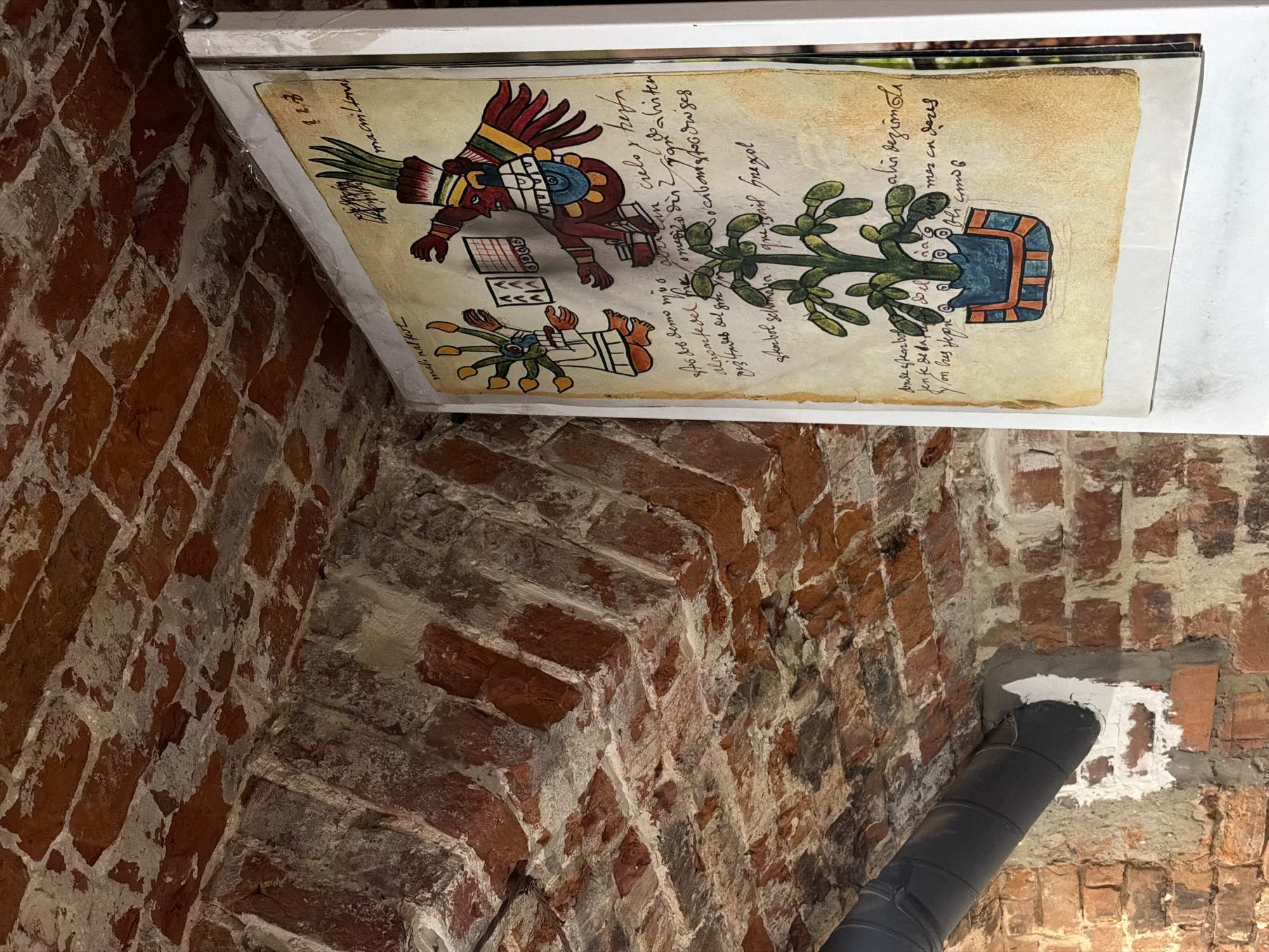 An overhead shot captures a section of a brick ceiling and a framed artwork displayed on a white wall. The brickwork is rustic, with exposed red bricks and patches of white plaster, forming an arched structure. A dark gray pipe runs diagonally across the ceiling, secured by white sealant where it meets the brick wall.
The artwork, which appears to be an ancient manuscript or a reproduction of one, is mounted in a white frame and leans against the wall. The manuscript has a yellowed, parchment-like background and features colorful illustrations in a pre-Hispanic style, depicting figures with elaborate headdresses and traditional clothing, alongside stylized plants and what appear to be glyphs or symbols. The text accompanying the illustrations is handwritten in a script that resembles Old Spanish or a related language.
The setting is indoors, with the textured brick ceiling suggesting an older building, possibly a restaurant, bar, or museum. The lighting is dim, highlighting the textures of the brick and the details of the artwork. No people are visible in the frame. The location of this image is Nizhny Novgorod, Russia.