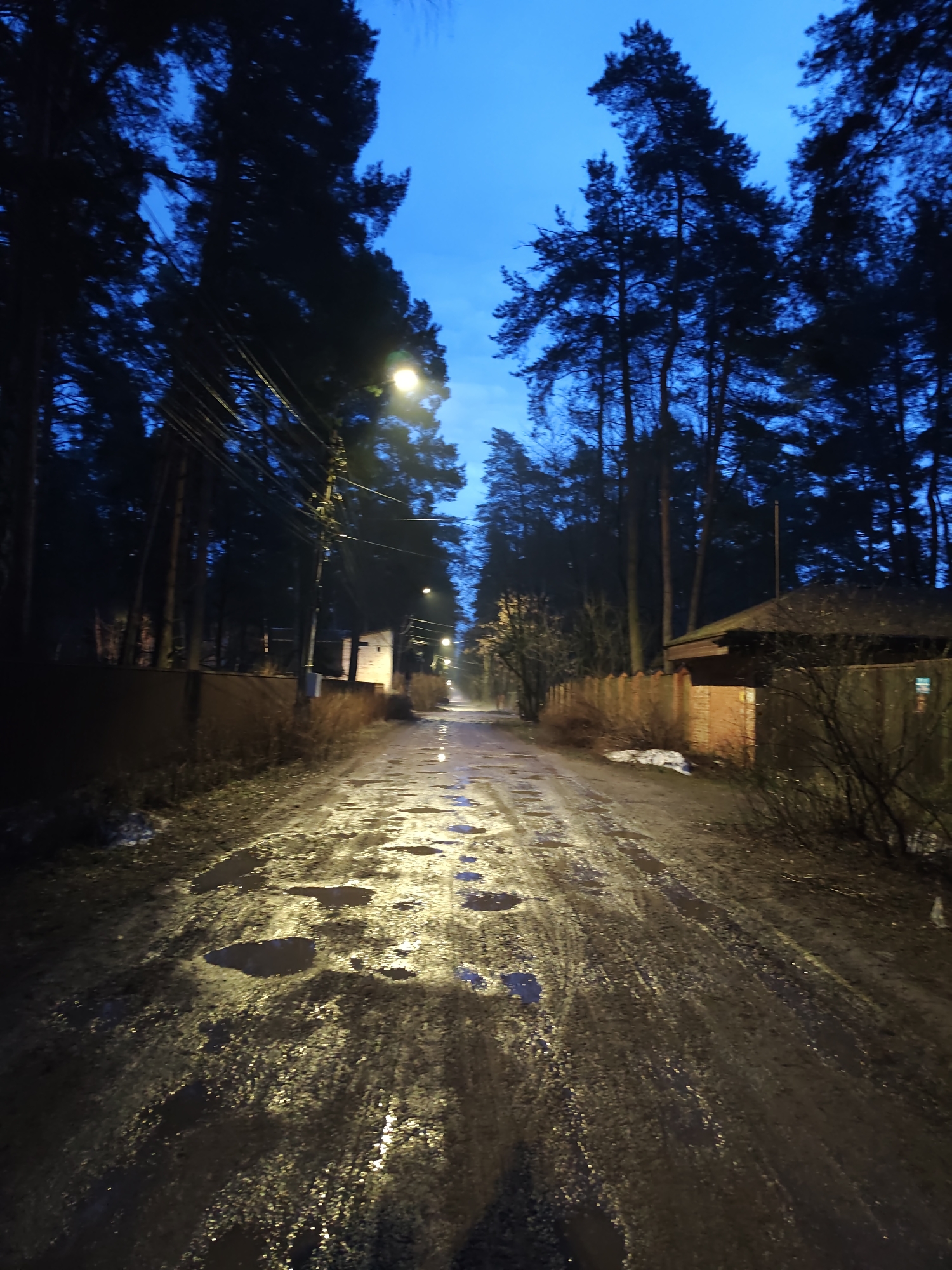 The image shows a dirt road in Kratovo, Russia at twilight. The road is lined with tall trees on both sides, partially obscuring buildings and fences. Streetlights illuminate the road, reflecting in numerous puddles. The ground is muddy, with visible tire tracks. No people are visible. Utility poles and wires run along the left side of the road.