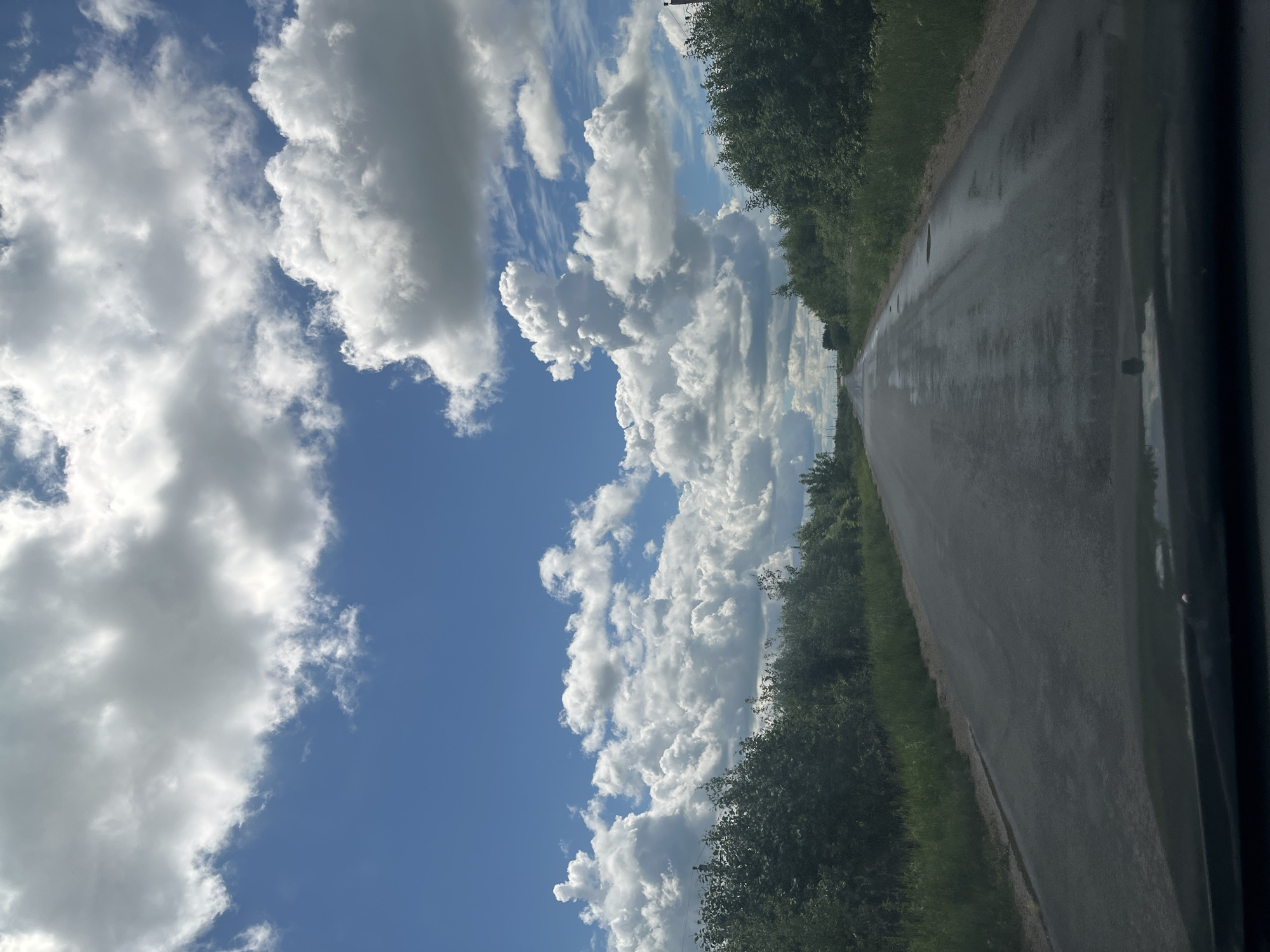 The image captures a road through a rural landscape in Gubachevo, Russia. The road is asphalt and appears wet, with several puddles reflecting the sky. Lush green trees and vegetation line both sides of the road, forming a dense border. The sky above is a vibrant blue, populated by numerous fluffy white cumulus clouds, some of which are quite large and dramatic. The perspective suggests the image was taken from a vehicle moving along the road, as the foreground shows the dark dashboard of a car. The road stretches into the distance, disappearing over a slight incline. The overall scene is one of a pleasant, possibly post-rain, summer day in a natural setting.