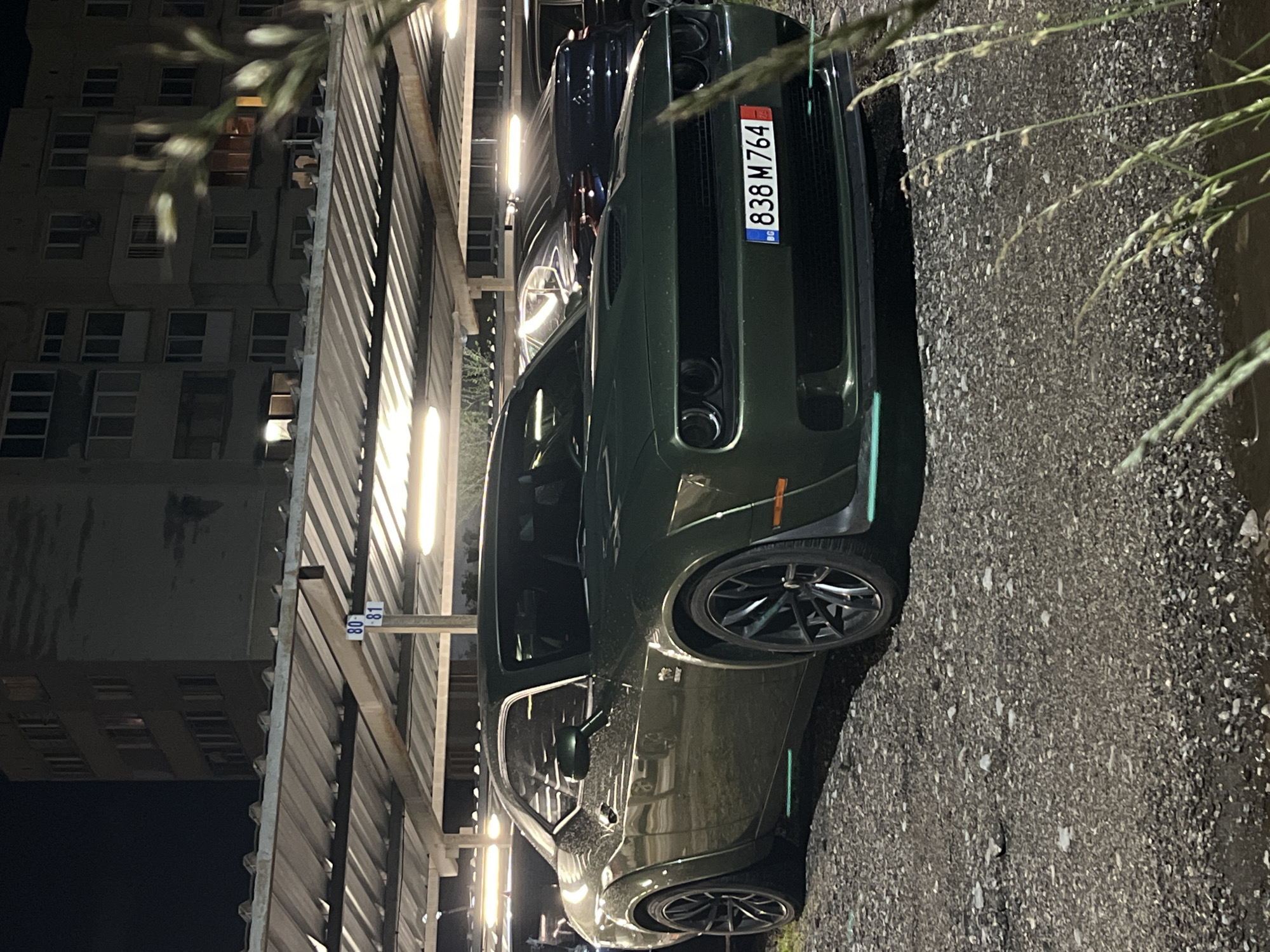 A dark green muscle car, resembling a Dodge Challenger, is parked at night in what appears to be a covered parking area or street in Sofia, Bulgaria. The car is positioned with its front end facing the viewer and slightly to the right, illuminated by artificial overhead lights that cast reflections on its sleek surface. The vehicle features multi-lens headlights and wide fenders.
Its European license plate, prominently displayed on the front, reads "BG 838 M 764". The blue strip on the left signifies Bulgaria ("BG"), and a smaller red sticker on the right shows "05" and another number, likely indicating registration details.
In the background, a tall, multi-story residential or commercial building with numerous illuminated windows is visible, suggesting a dense urban environment. Adjacent to the building and above the car, a structure with vertical slats, possibly a fence or a part of a building's facade, stands. A small white sign affixed to this structure displays the numbers "80" and "81", which could be parking bay indicators or other markers. The ground is paved with gravel or rough asphalt. Out-of-focus grass or foliage is visible in the foreground, partially obscuring the view. The overall scene suggests a late-night setting with artificial lighting.
