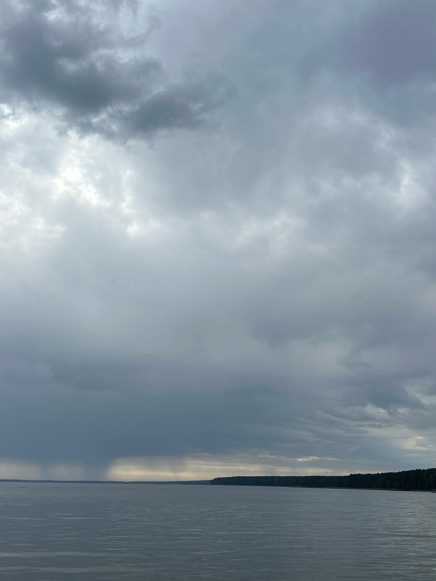 The image depicts a body of water, likely a lake or a large river, under a dramatic, overcast sky. Dark, heavy clouds dominate the upper portion of the frame, with a distinct rain shaft visible in the distance, creating a curtain of precipitation over the water. The horizon is marked by a dense line of dark green trees, forming a forest that stretches across the width of the image. The water's surface is calm, reflecting the muted tones of the sky. The scene suggests a day with impending or ongoing rain, creating a somber and atmospheric mood. The location is identified as Нарацкі сельскі Савет, Belarus, implying a natural, possibly rural or park-like setting. No people or specific objects are discernible within the frame, focusing the view solely on the natural elements of water, sky, and forest.