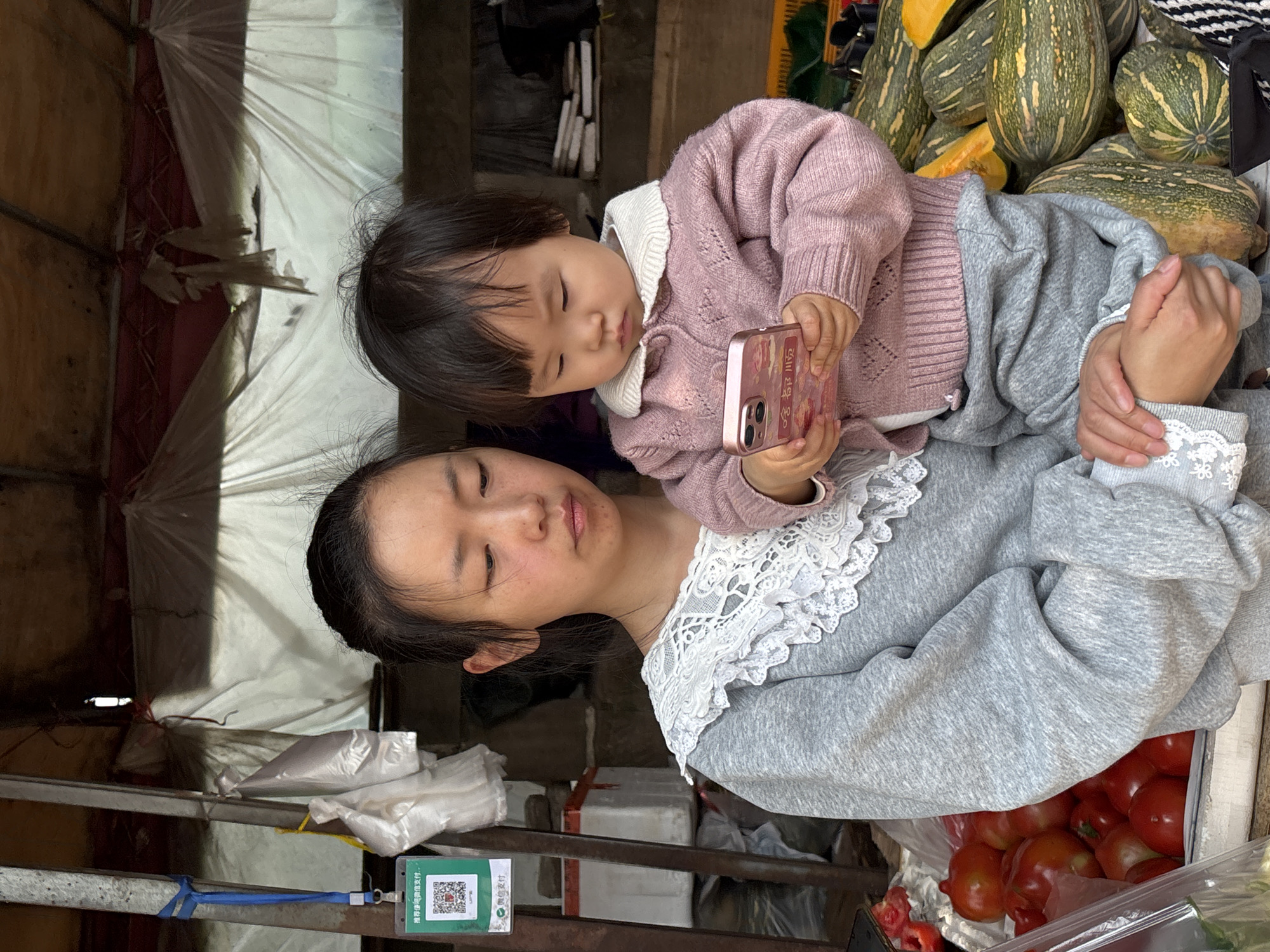 A woman and a young child are depicted in what appears to be a market setting. The woman, wearing a gray sweatshirt with a white lace collar, holds the child, who is dressed in a pink knitted sweater and gray pants. The child is engrossed with a pink smartphone.
Behind them are various pumpkins and other produce. Below them is a box full of tomatoes. A payment QR code is seen attached to the market stall. The location is likely Jiangjin, China, as indicated by the text on the phone.
