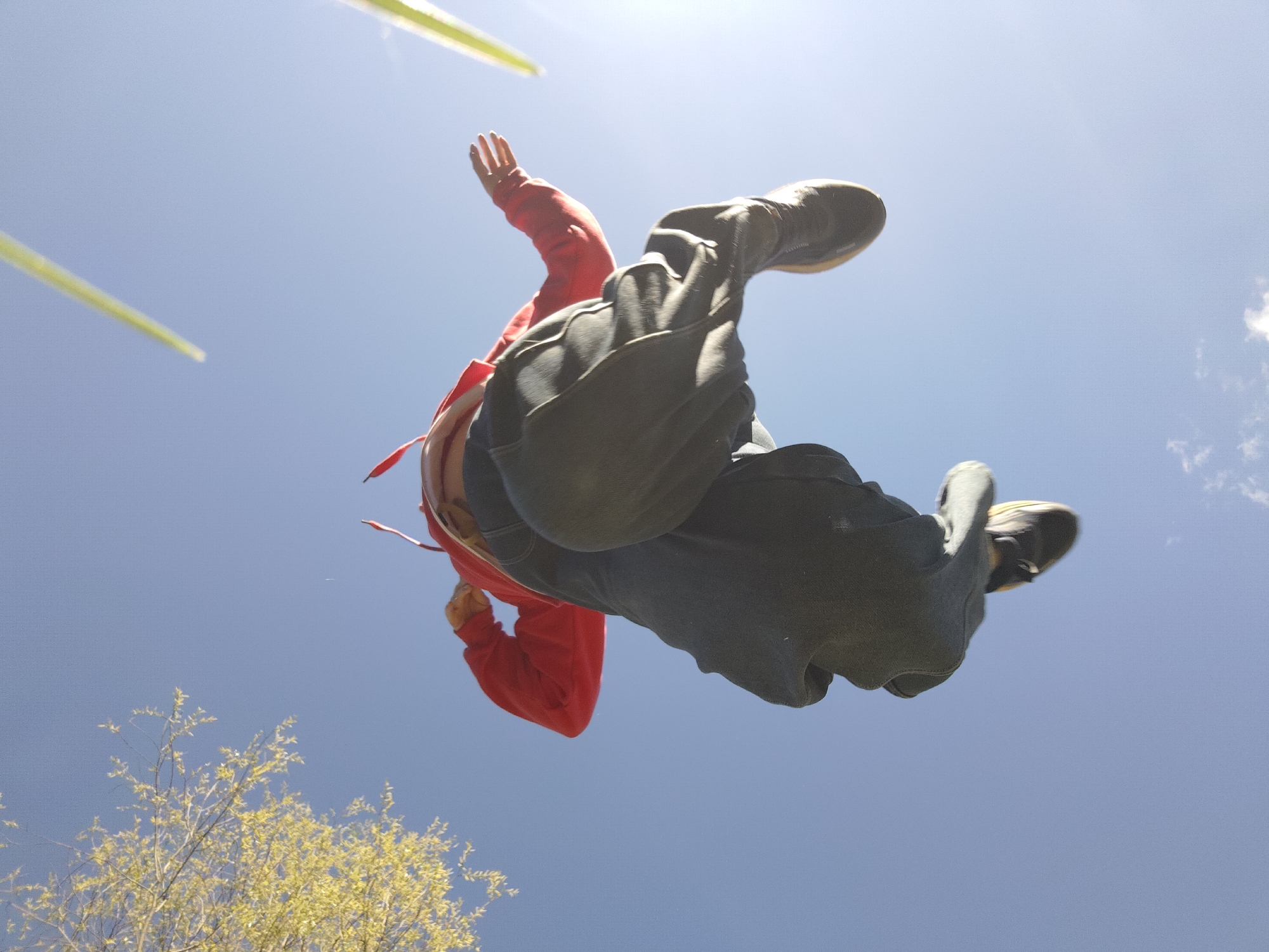 The image is a low-angle shot of a person jumping in the air. The person is wearing a red hooded sweatshirt, dark pants, and dark shoes. Their arms are raised. The background is a blue sky with a few clouds and some tree branches with yellow blossoms in the lower left corner. The presence of the tree suggests an outdoor setting, possibly a park or garden. The image does not provide any information that directly indicates that it was taken in Марковский, Russia.