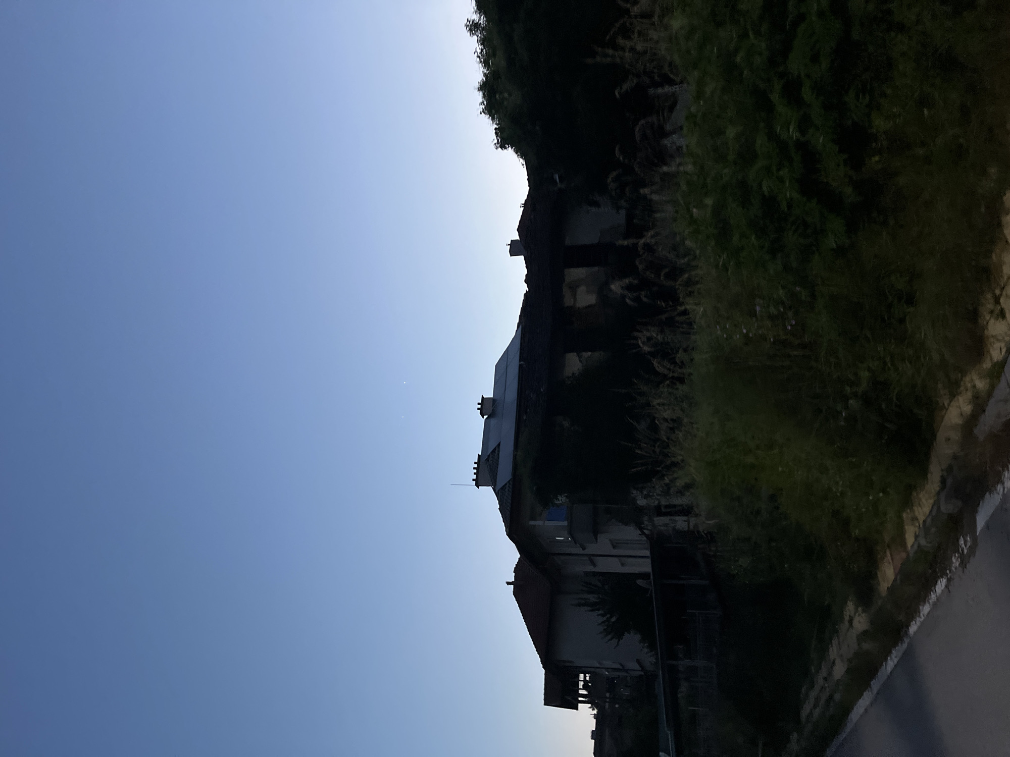 The image depicts a residential scene in the city of Zlatograd, Bulgaria, captured during dusk or twilight. The upper portion of the frame is dominated by a clear, light-blue sky, which appears brighter on the right side and subtly darkens towards the left. Two faint, small white points of light, indicative of celestial bodies, are visible in the upper right quadrant of the sky.
The lower half of the image is considerably darker, primarily showing natural elements and buildings in silhouette. In the immediate foreground, a segment of a paved surface, identified as a road or pathway, runs along the bottom left with a distinct white edge line. This surface is bordered by a concrete or stone curb, beyond which lies a steep, overgrown bank.
Dense, dark vegetation, consisting of tall grasses, bushes, and trees, occupies the lower and mid-sections of the frame, extensively obscuring the terrain and the lower levels of the structures.
Several multi-story residential buildings are situated in the mid-ground, predominantly silhouetted against the sky. The most prominent structure, centrally located, features a dark, sloped roof equipped with multiple rectangular solar panels. Several dark chimneys and a single thin antenna or lightning rod are visible projecting above the roofline. Below the roof, a section of the building's facade shows a lighter tone through the deep shadows, and a balcony with a blue object or railing is discernible on the central part of the building. To the left, another house with a dark reddish-brown tiled roof is partially visible. Further to the right, additional building outlines are largely integrated with dense, dark green tree foliage. No people are present, and no actions or interactions are depicted within the scene. The environment conveys a quiet, residential area characterized by significant natural growth.