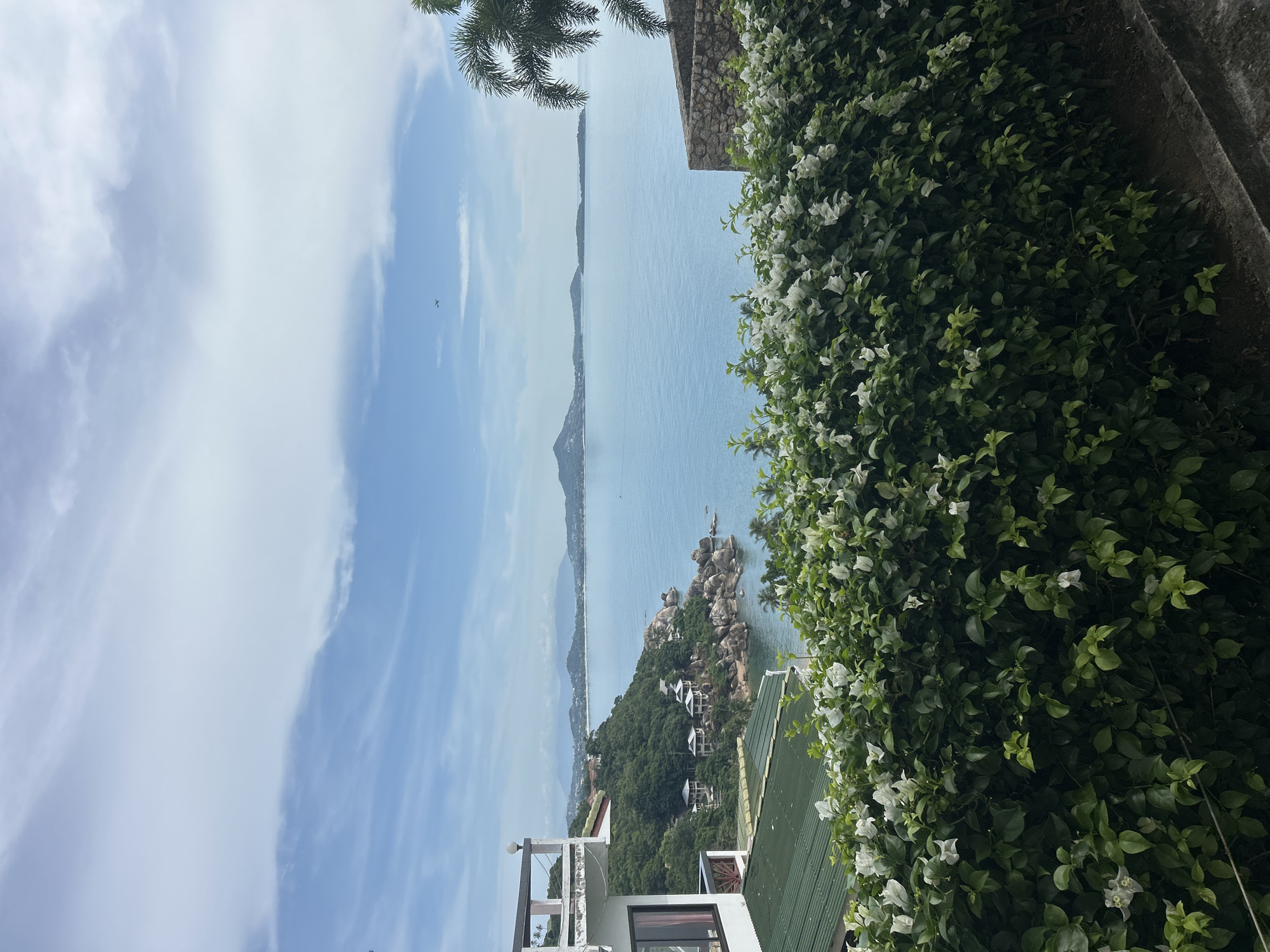 The image depicts a scenic view of the coast in Ko Samui District, Thailand. In the foreground, a lush hedge of green foliage with white flowers forms a natural barrier. Beyond the hedge, a body of calm, blue water stretches to the horizon. The coastline is dotted with rocky outcrops and verdant hills covered in trees. Several buildings, likely villas or resorts, are nestled into the hillside. In the distance, mountains rise against a sky filled with scattered clouds and a pale blue hue. A small airplane is visible in the sky. To the right, a portion of a stone wall and a palm tree are also present. The overall impression is one of a tranquil tropical landscape.