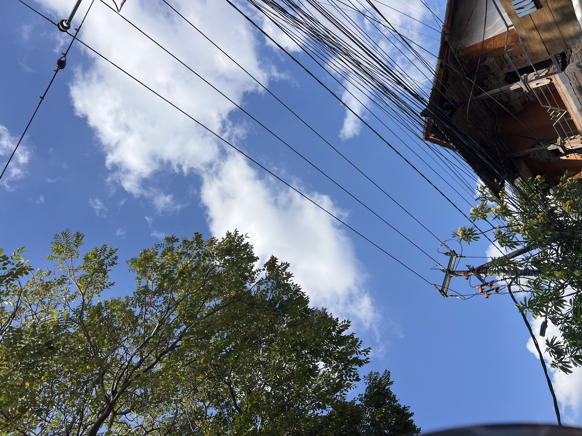 A low-angle, Dutch-tilted outdoor shot captures a bright blue sky dotted with scattered white clouds. In the upper left quadrant, the dense green foliage of a tree drapes downwards, its branches silhouetted against the sky. A utility pole stands prominently in the lower-middle section of the frame, its wires extending diagonally across the image. Attached to the pole are electrical components, insulators, and what appear to be orange protective covers. Below and to the right of the pole, a portion of an orange-bricked building with a traditional tiled roof is visible. Numerous black electrical wires crisscross the sky, creating a complex network. The scene appears to be a streetscape in Denpasar, Indonesia, given the architecture and dense overhead wiring typical of the region. No people are visible.