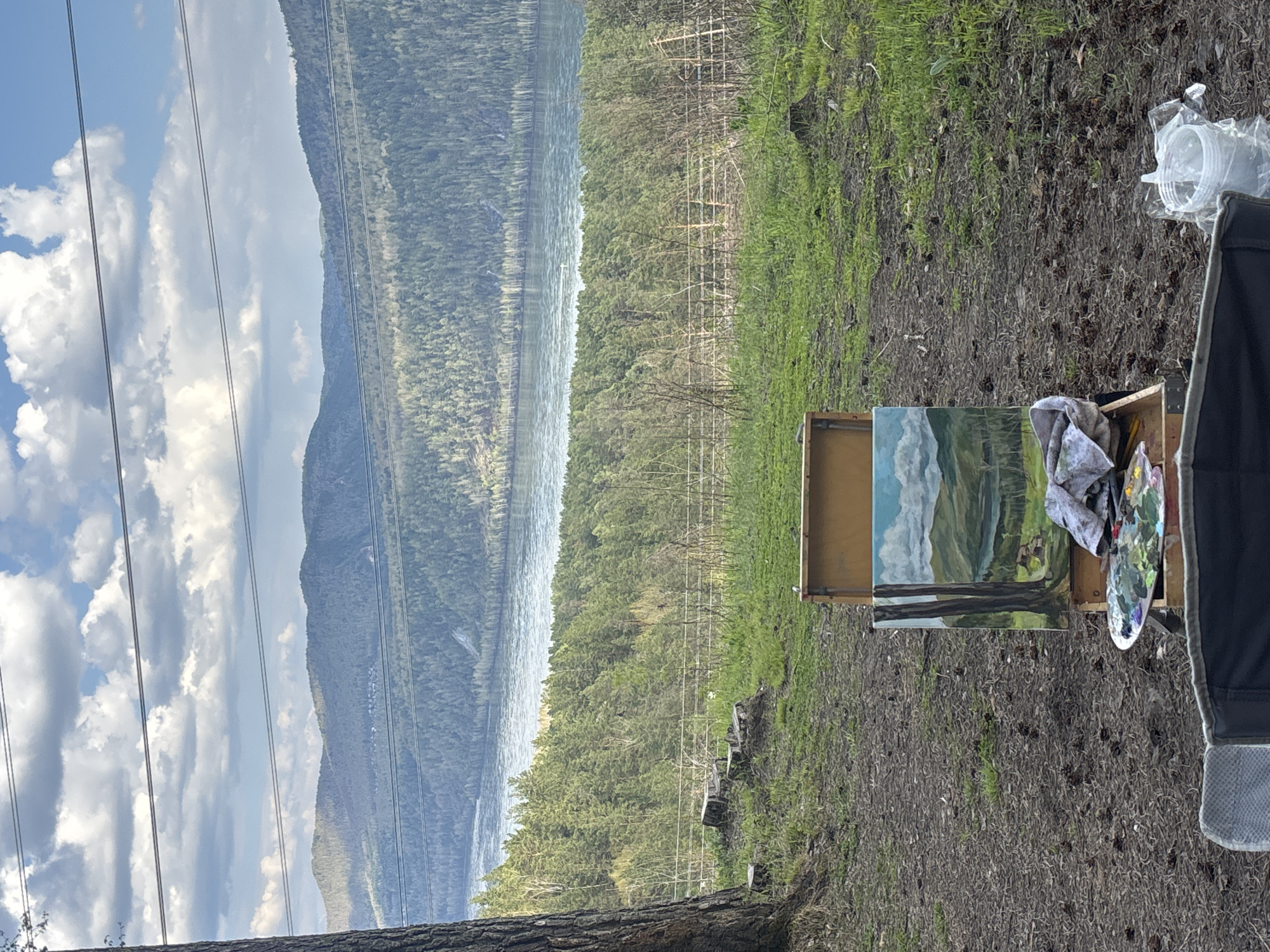 The image shows an outdoor scene in a location overlooking the Yenisey River in Krasnoyarsk, Russia. The Yenisey River is visible in the background, bordered by forested hills and mountains. Power lines run across the top left of the frame. In the foreground, there is a painter's setup, including an easel, a painting in progress, a palette with paints, a rag, a container of water, and a portable chair. The painting on the easel appears to be a representation of the scene behind it. The ground is a mix of grass and bare earth. There are no people visible in the image.