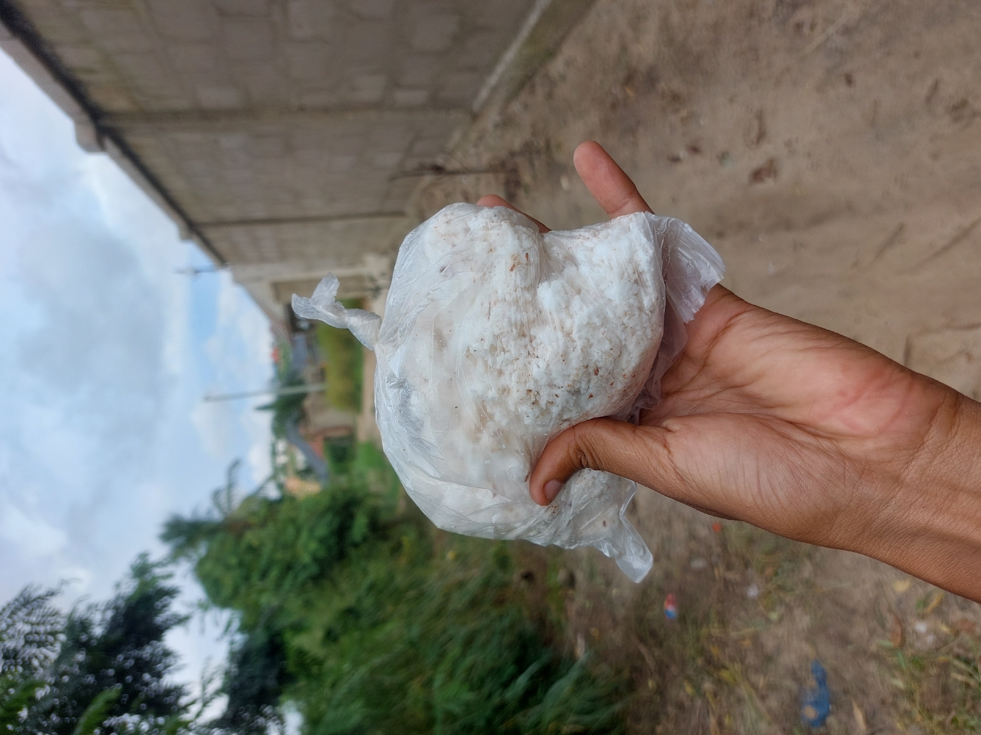 A hand holds a clear plastic bag containing a white, shredded substance. The setting appears to be outdoors in Dar es-Salaam, Tanzania. A building is visible in the background, along with greenery and a dirt or unpaved area. The sky is overcast.