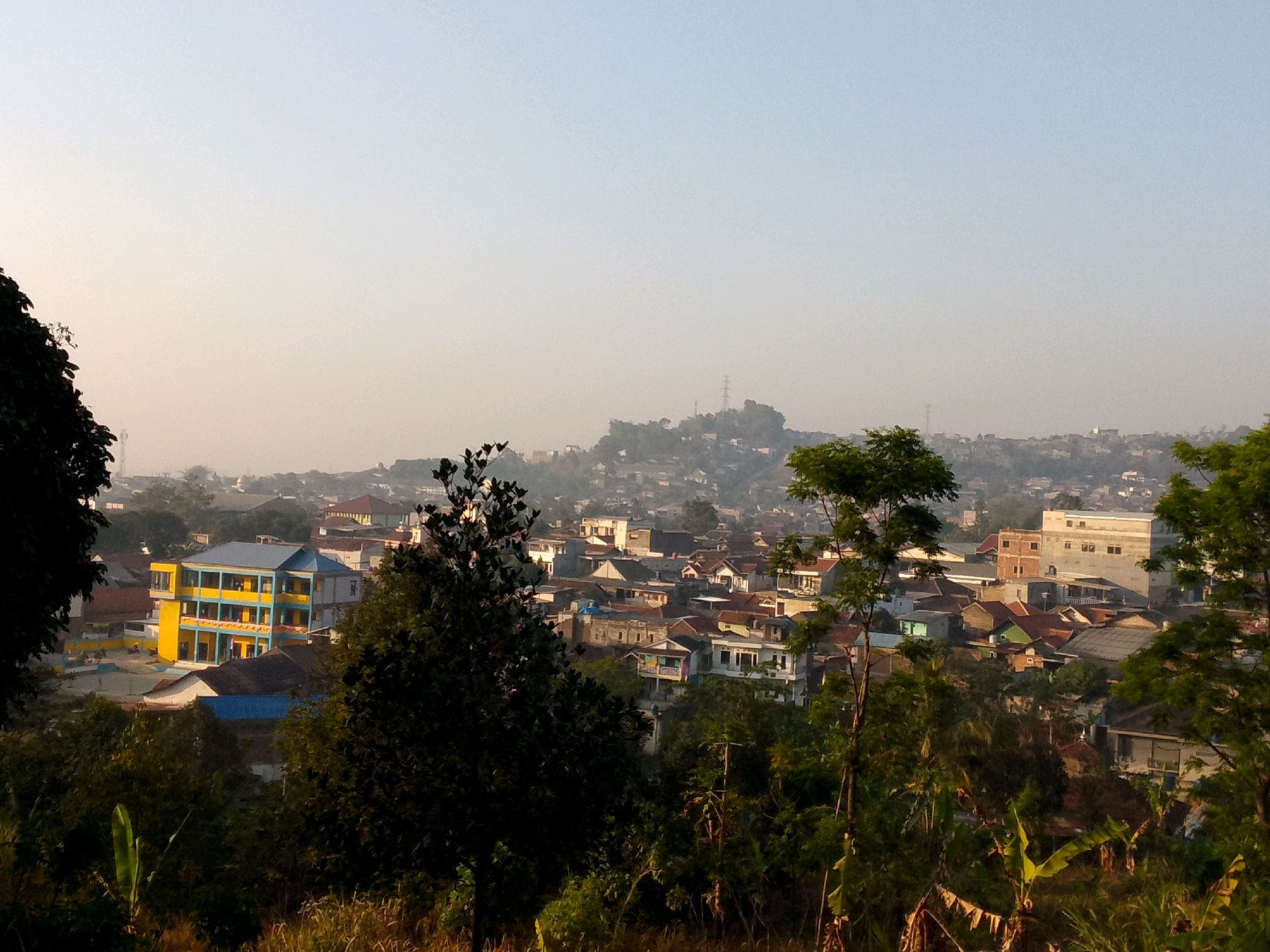 The image depicts an elevated view of a densely populated urban area in Padalarang, Indonesia. The foreground is dominated by lush green foliage, with the branches of trees partially obscuring the view. A bright yellow and blue building, possibly a school or institutional building, is prominent in the mid-ground, characterized by multiple stories and distinct architectural features. Beyond this building, the landscape unfolds into a cityscape of houses with red-tiled roofs, interspersed with larger, more modern structures. In the far distance, a hazy hill is visible, topped with what appears to be a communication tower. The sky is a pale, hazy blue, suggesting either early morning or late afternoon light, or potentially atmospheric pollution. No people or specific actions are discernible in the image.