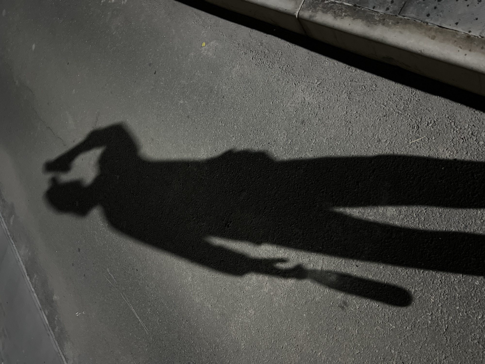 A stark shadow of a person lies on a concrete surface, possibly a sidewalk, next to a curb. The shadow is elongated and distorted due to the angle of the light source. The person appears to be holding an object, possibly a bottle or a long, thin object, in their extended hand. The other arm is raised and bent, possibly holding something close to their head. The location cannot be determined as Yerevan, Armenia, because there are not any specific identifying landmarks, architecture, or context clues in the image.