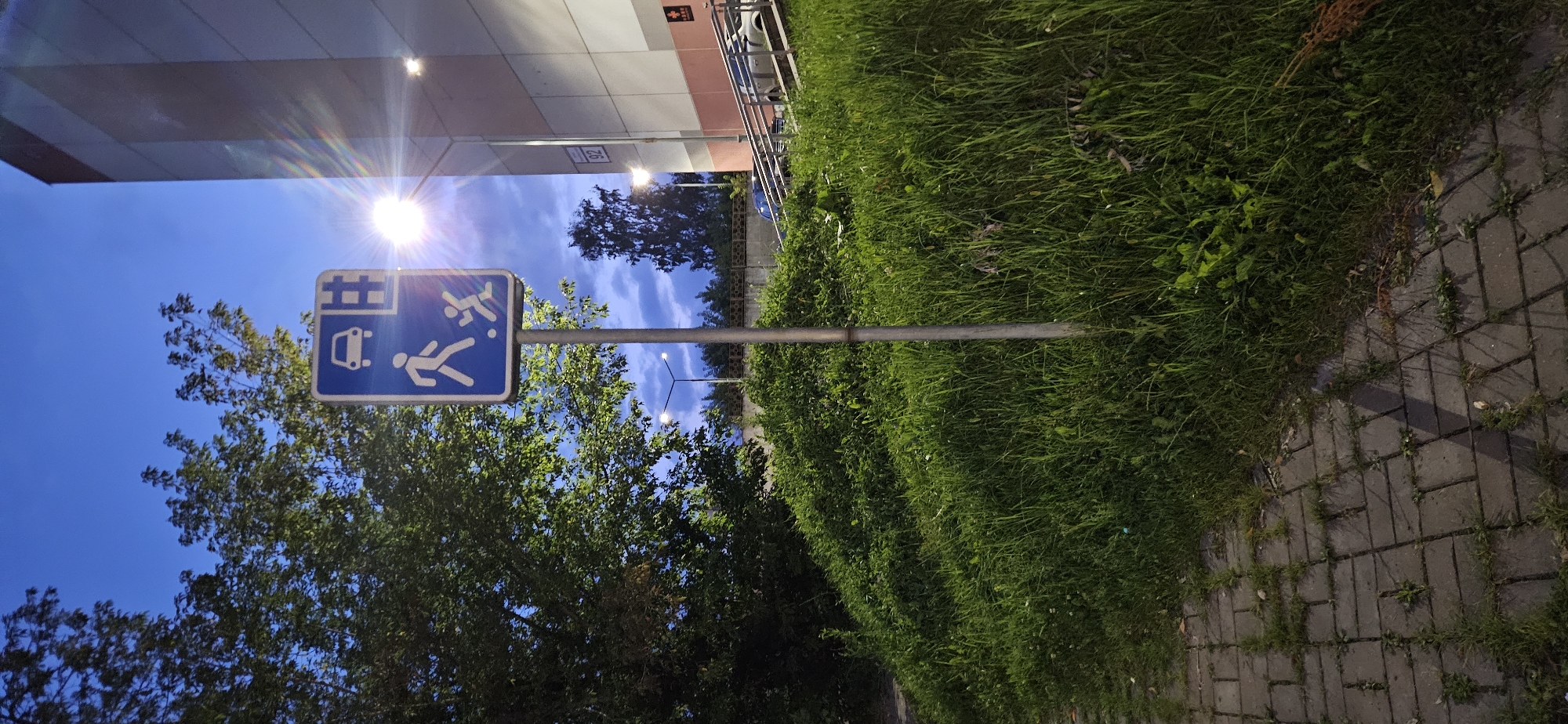 The image captures a street sign indicating a pedestrian crossing with a symbol of a car and a railway crossing, suggesting caution is needed for both vehicles and trains. The sign is positioned next to a pole, with a lush green grassy slope and trees surrounding it. A paved walkway is visible in the foreground. In the background, a multi-story building with a pink and gray facade stands tall, with several cars parked nearby. The sky is a deep blue, indicating dusk or early night. A streetlamp is illuminated, casting a bright light. The scene is likely set in a residential area, potentially near a park or a recreational space, as suggested by the presence of pedestrians and the overall greenery. The building has a sign with the number "92". There are no people or animals actively engaged in any actions within the frame.
