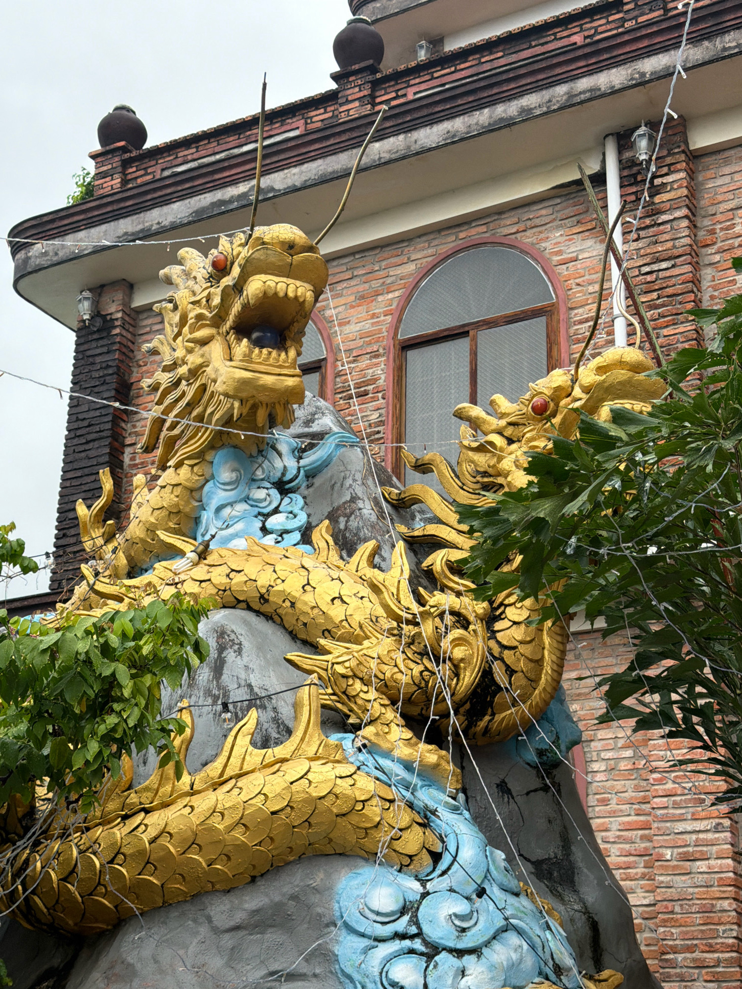 The image shows a close-up, low-angle view of a large, golden dragon statue against a brick building in Phú Quốc, Vietnam. The dragon is coiled and its head is prominent, with its mouth open, revealing a dark interior and a blue orb. The statue is decorated with blue cloud-like motifs. In the background, the building features red brickwork and a large arched window with a wooden frame. A section of a green leafy tree is visible in the foreground and on the right side of the image, partially obscuring the statue and the building. Thin, white wires, possibly from decorative lights, are strung across the scene. The sky is overcast.