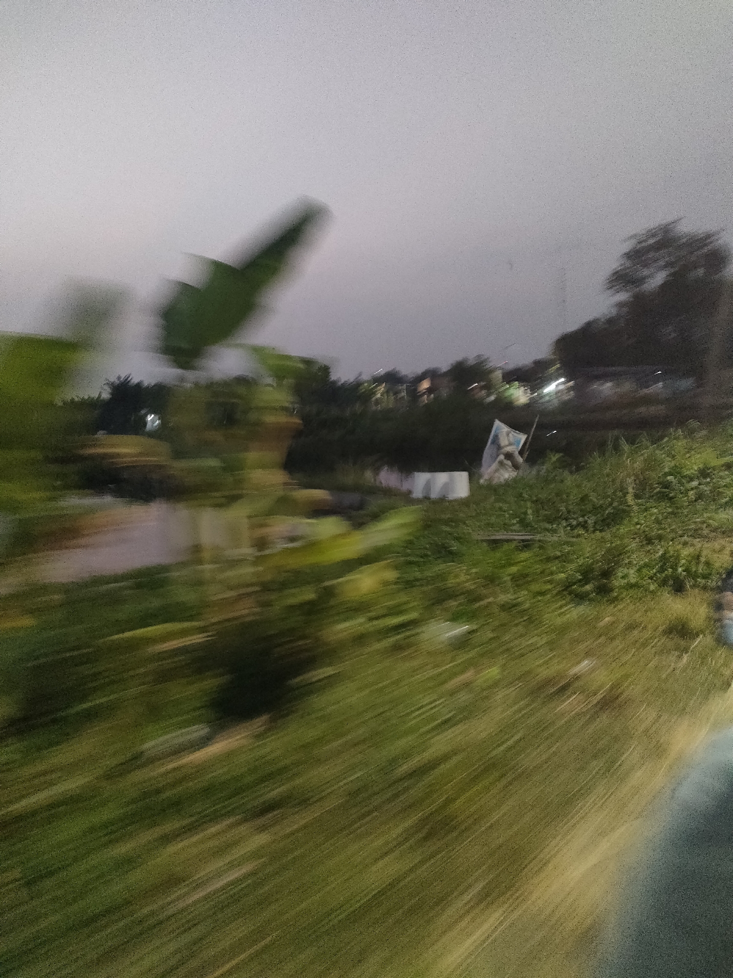 The image, taken in Berbah, Indonesia, is a blurred photograph of a roadside scene at dusk or dawn. In the foreground, blurred green foliage and grass dominate the frame, indicating movement. Further back, a body of water is visible, bordered by trees and vegetation. A white rectangular structure and a pole with a tattered blue and white flag are present on the right side of the scene, amidst dense greenery. The sky is overcast and light gray. The overall impression is of a natural environment adjacent to a road or path, with signs of human presence.