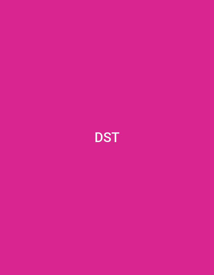 The image presents a solid, uniform fuchsia background. Centered horizontally and vertically on this field, the capital letters "DST" are rendered in white, sans-serif typography. No discernible people, objects, actions, or environmental features are present beyond the colored background and text. The image contains no visual information that would allow for its localization to the city of Casablanca, Morocco, or any other specific geographical area; it is an abstract digital composition.