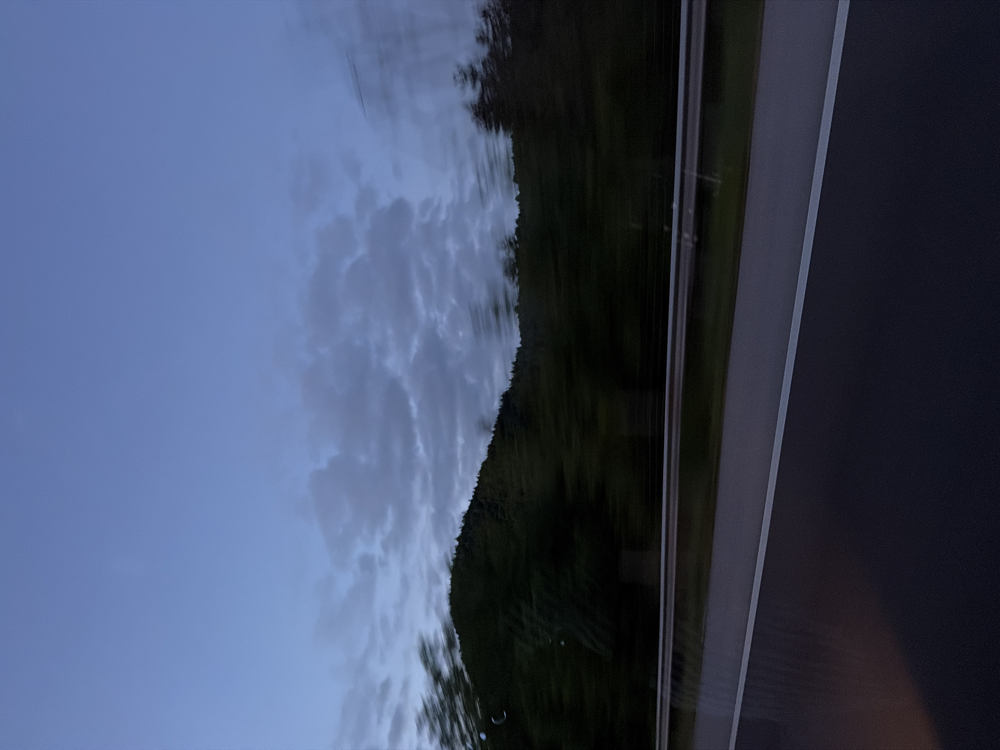 The image captures a landscape view from a moving vehicle, likely a car, portraying a serene scene during either dawn or dusk. The sky, occupying the upper portion of the frame, displays soft blue and grey tones, with a band of diffused white-grey clouds stretching horizontally. Below the sky, a dark, dense forest covers a mountain or hillside range, appearing as a long, undulating silhouette. The trees are a deep, muted green, almost black due to the low light conditions.
A prominent feature is the significant motion blur, particularly noticeable in the trees and clouds, which strongly suggests the photograph was taken from a vehicle in motion. In the lower part of the image, elements of a road or highway are visible, including a section of dark asphalt or barrier with a distinct white line running along its edge. Further to the right, an indistinct, dark area suggests the interior frame of a car window.
The overall lighting is dim and diffused, creating a peaceful, contemplative atmosphere. The color palette is dominated by cool blues, greys, and deep greens, consistent with early morning or late evening light. There are no visible people or discernible text. The scene is consistent with a journey through a rural or mountainous region, such as Gorno Varshilo, Bulgaria.
