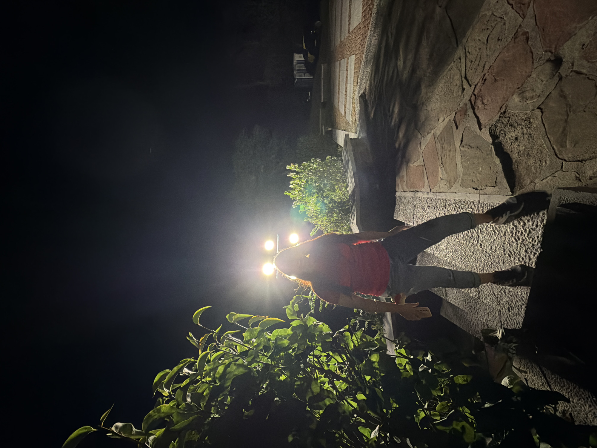 A person stands illuminated by bright lights at night in Lovech, Bulgaria. The individual, wearing a red top and blue jeans, is positioned on a stone pathway. To the left, lush green foliage is visible, casting shadows. In the background, more greenery and a dark, unlit area suggest an outdoor setting. The lighting is harsh, creating strong contrasts and silhouettes.