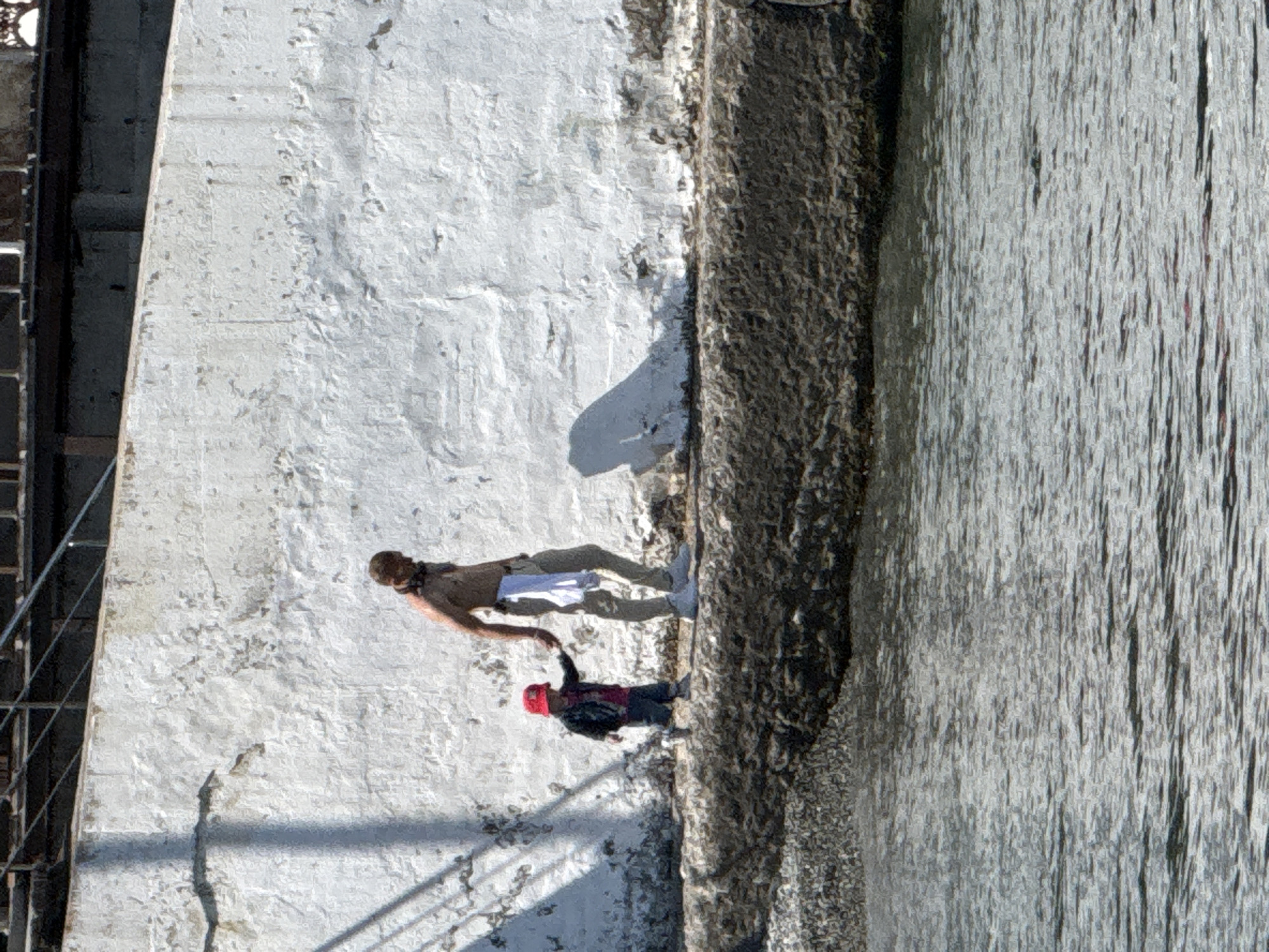 A partially nude person reaches for the hand of a child standing on a concrete wall beside a body of water. The location is in Unknown, Unknown.