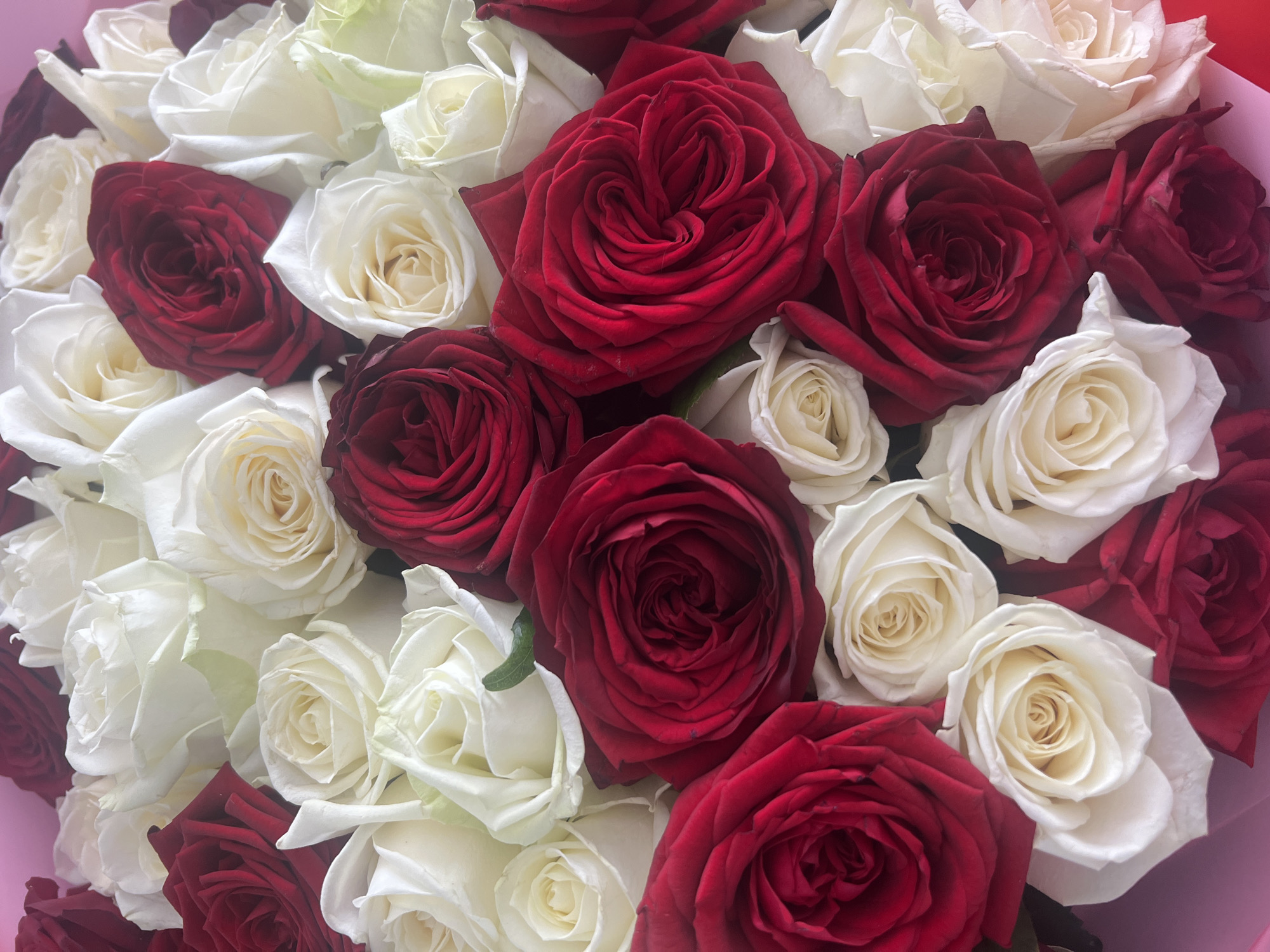 A bouquet of roses, predominantly in shades of deep red and white, is displayed. The roses are in various stages of bloom, with tightly furled buds and more open blossoms showcasing their layered petals. The overall impression is one of abundance and classic beauty. There is no discernible location in Votkinsk, Russia, visible within this image. The photograph focuses solely on the floral arrangement.