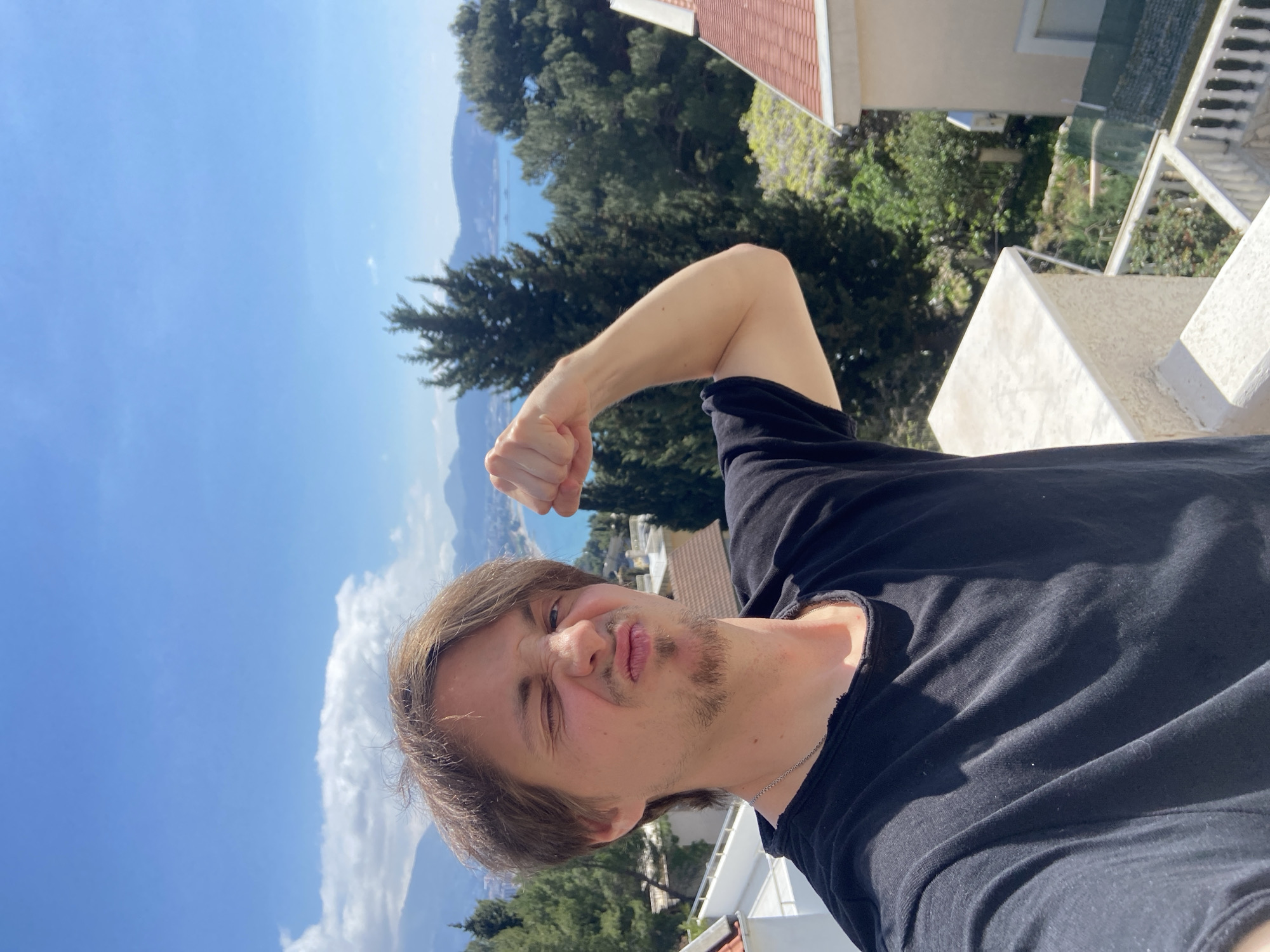 A young man with light brown hair and a patchy beard is taking a selfie outdoors. He is wearing a black t-shirt and has a silver chain around his neck. He is flexing his right arm, making a fist, and pulling a face with one eye closed and pursed lips.
In the background, there is a view of the sea, mountains, and green trees. Some buildings with red tile roofs are also visible. There are a few white concrete structures nearby, possibly part of a balcony or terrace.
Given the presence of mountains, the sea, and the general architecture, the picture may have been taken in Šušanj, Montenegro.