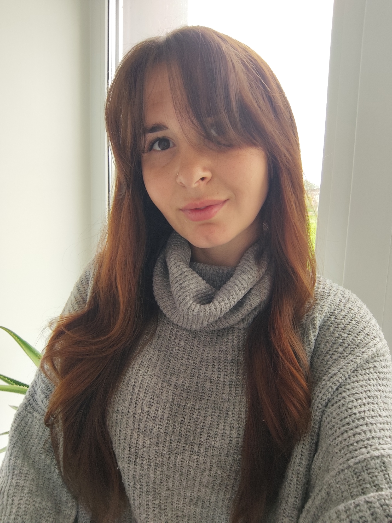 The image presents a head-and-shoulders portrait of an adult female, positioned centrally and facing directly forward. Her long, wavy hair is a reddish-brown or auburn color, styled with bangs that partially cover her forehead and her right eye. She has fair skin with visible freckles across her nose and cheeks. Her dark brown eyes are open and directed at the viewer. A small, silver-colored stud is visible in her left nostril. Her lips are closed, appearing naturally full, with a faint suggestion of a smile.
She is wearing a thick, grey, chunky-knit sweater with a prominent cowl neck that is folded multiple times. The sweater appears loose-fitting.
The background consists primarily of a plain, light-colored (white or off-white) wall behind her left side, and a large window with white framing behind her right side. Through the window, diffuse natural light is prominent, and faint green foliage is discernible in the distance. A green, spiky-leafed plant is partially visible behind her left shoulder in the lower-left corner of the frame.
The lighting is bright and even, suggesting natural light from the window. No specific actions or interactions are depicted beyond the subject posing for the photograph. The visual information in the image does not provide any identifying details regarding a specific city or geographic location, such as Фоки, Russia.
