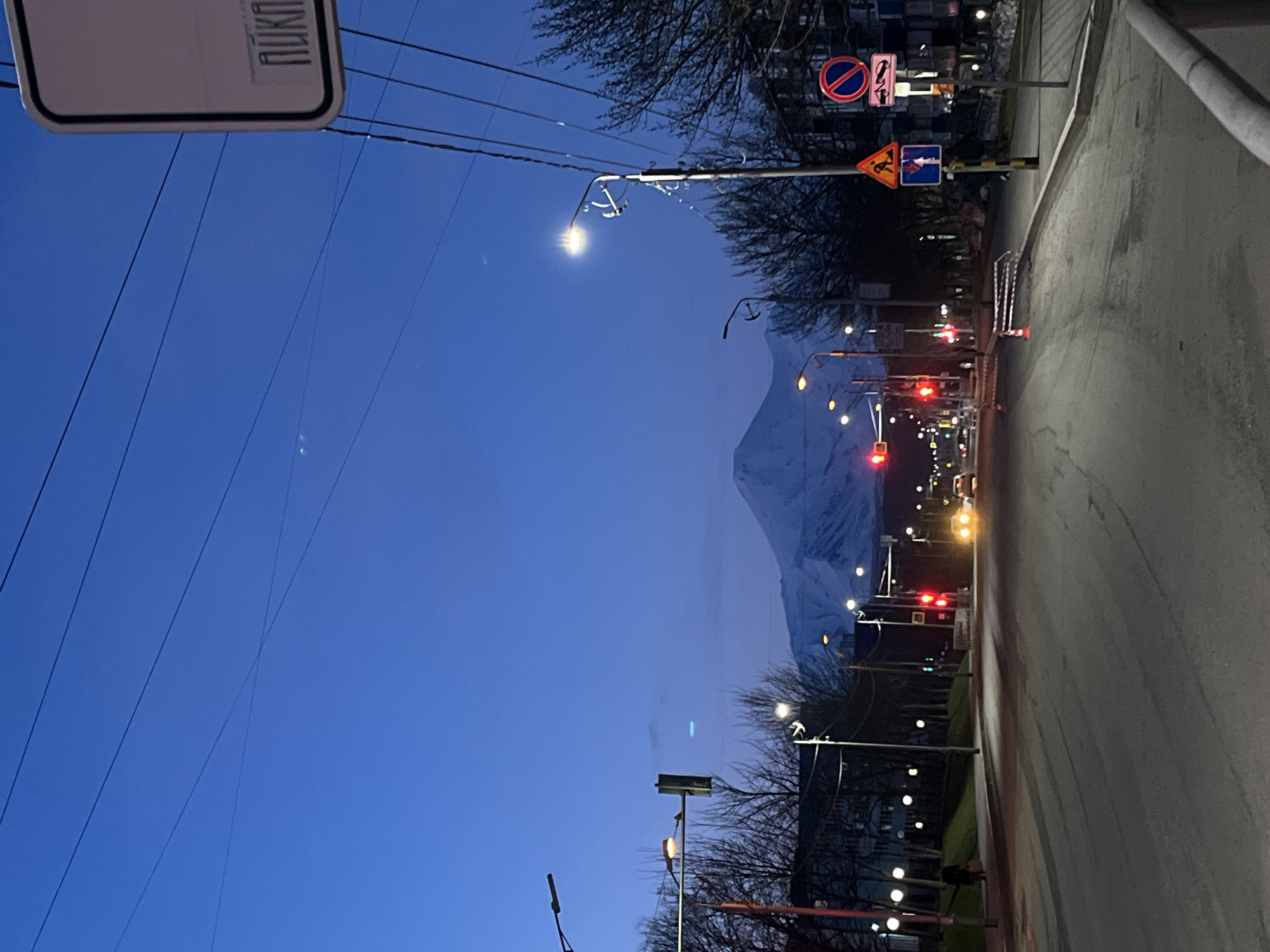 The image depicts a street scene in Petropavlovsk-Kamchatsky, Russia, at dusk. The foreground shows a paved road running along the right side of the frame. Streetlights illuminate the road. Utility poles and power lines extend across the upper portion of the frame. The background reveals a mountain range with visible snow cover. Road signs are present on the right side of the frame. Traffic lights show red. Bare trees are visible along the street. The sky is a gradient of blue, indicating twilight. A sign is in the upper left of the frame, possibly a street sign. Vehicles are visible in the distance, with illuminated headlights and taillights. No pedestrians are visible.