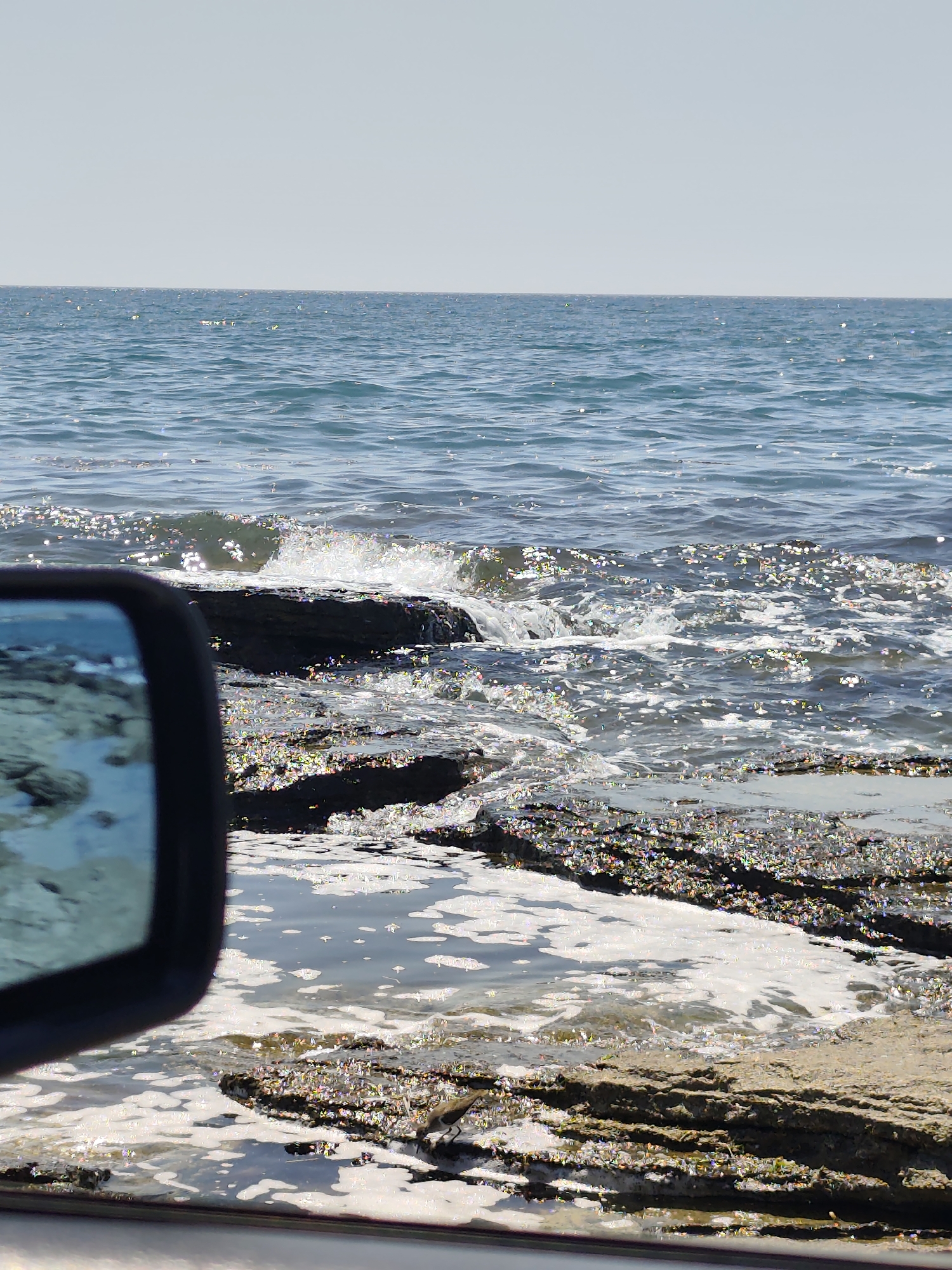 The image depicts a rocky shoreline with the Caspian Sea in the background. The water is calm with gentle waves lapping against the shore. Sunlight glints off the water's surface, creating a sparkling effect. In the foreground, a side-view mirror of a vehicle is visible on the left, reflecting the sea and the rocky terrain. A small bird is foraging near the water's edge among the rocks. The sky is clear and bright, suggesting a sunny day. The scene is set in Saiyn, Kazakhstan, on the shores of the Caspian Sea.