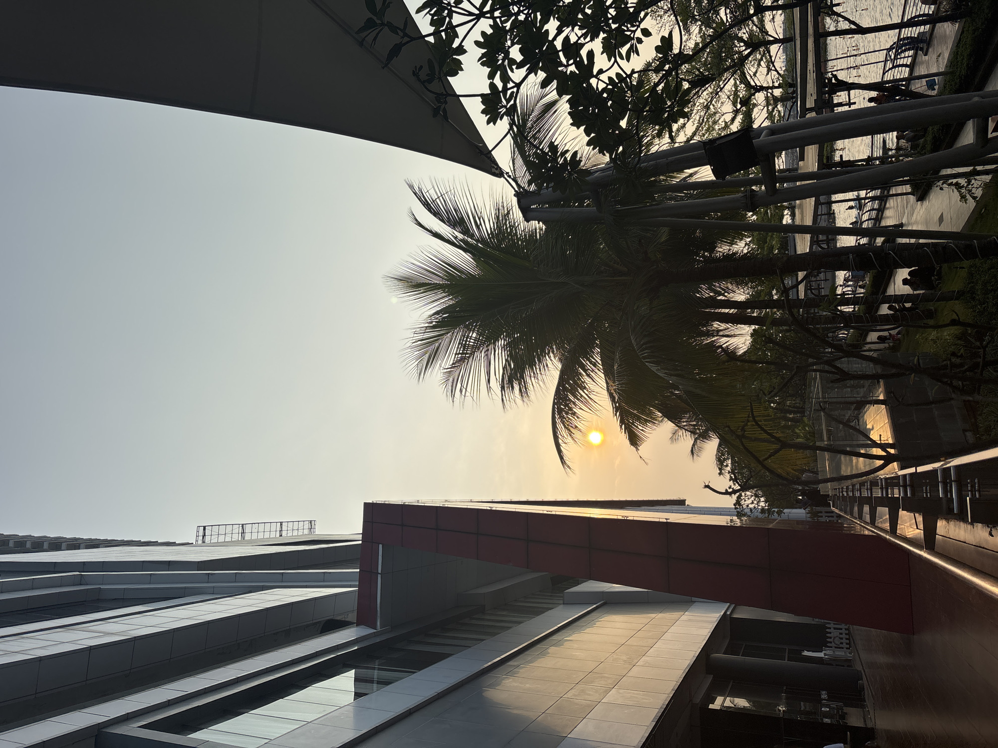 The image depicts a modern architectural complex with a waterfront setting during sunset. The scene is dominated by the sleek lines of contemporary buildings, characterized by glass facades and metallic accents, one of which features a striking red angular overhang. In the foreground, a palm tree with its fronds silhouetted against the sky adds a tropical element.
The sun, low in the sky, casts a warm golden glow, illuminating the buildings and the water. The water appears calm, reflecting the warm light and the surrounding structures. Along the waterfront, there are railings and what appears to be a pathway or promenade, with hints of people enjoying the evening. Trees and foliage line the edge of the water, creating a natural contrast with the man-made structures.
The time of day is clearly sunset, indicated by the sun's position and the warm lighting. The sky is a pale yellow-orange, suggesting clear weather. The location cues, such as the palm tree and the waterfront architecture, are consistent with a tropical or subtropical urban environment. The overall mood is serene and perhaps a little luxurious, evoking a sense of calm at the end of the day. There is no visible text in the image.
